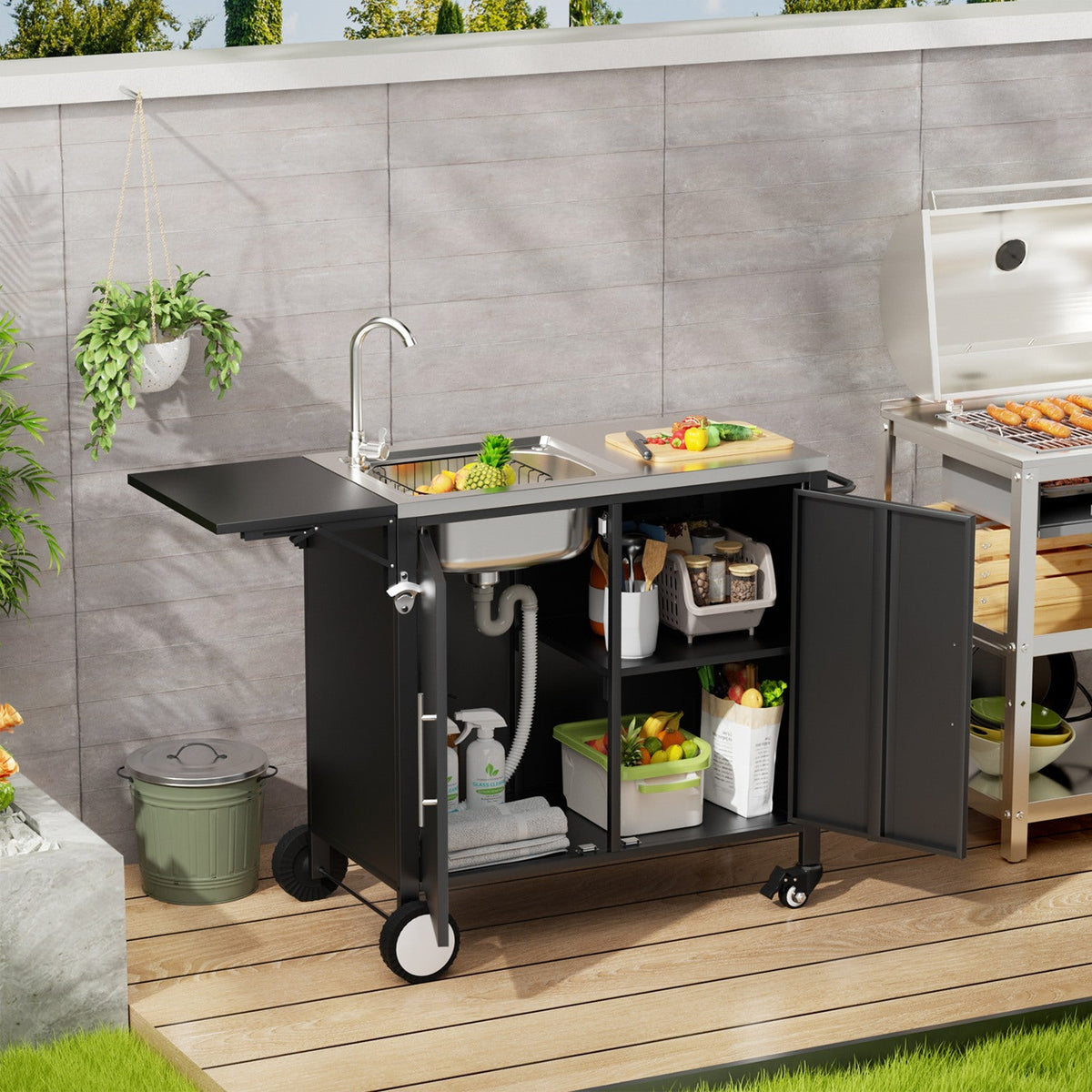 Outdoor Grill Cart with Sink, Storage & Fold-Down Side Table