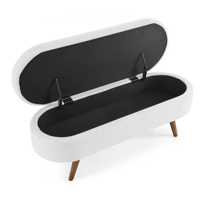 Oval Storage Ottoman Bench, Upholstered Storage Bench with Rubberwood Legs, Multifunctional Entryway Bench for Bedroom L