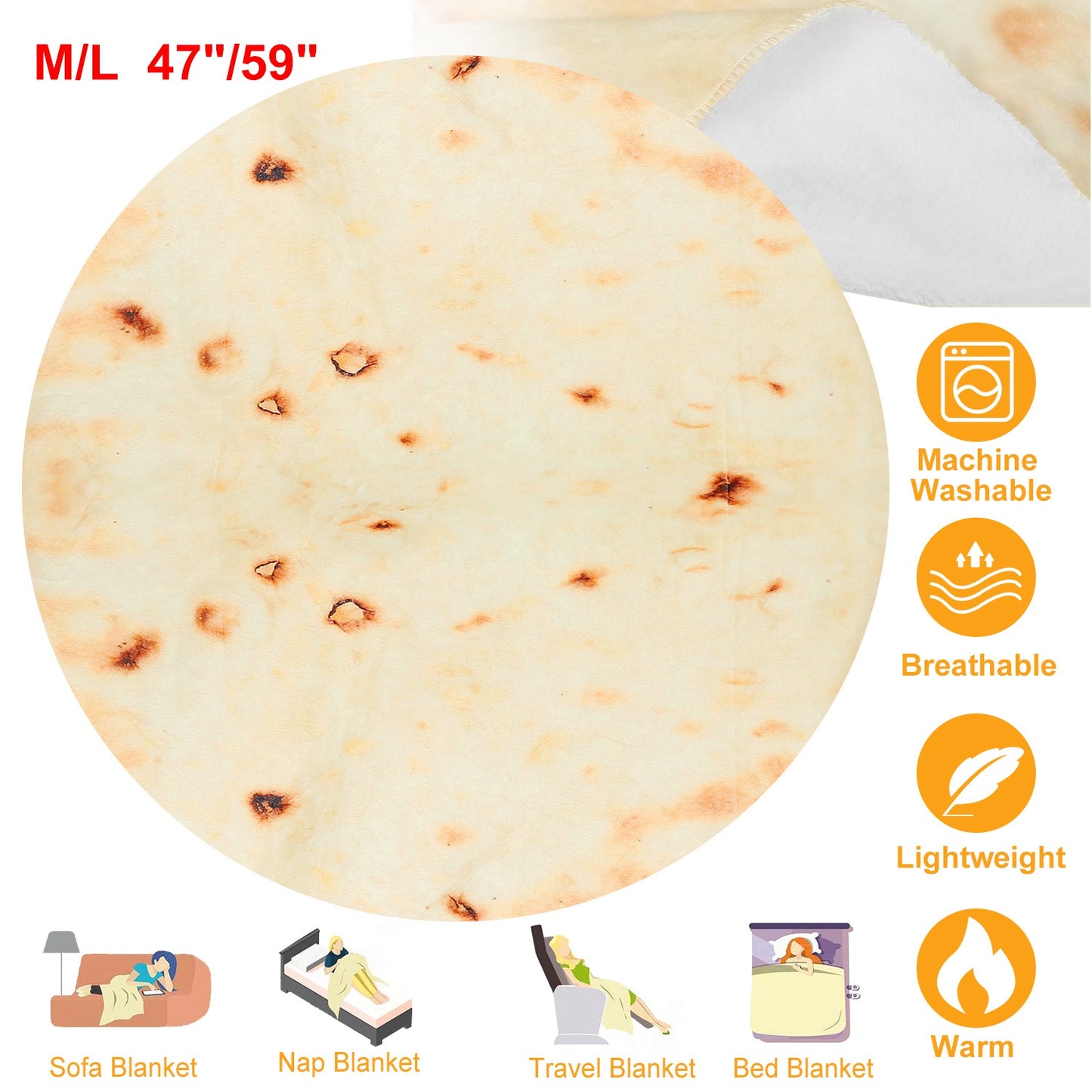 Burrito Tortilla Novelty Throw Blanket - Soft Flannel Round Wrap