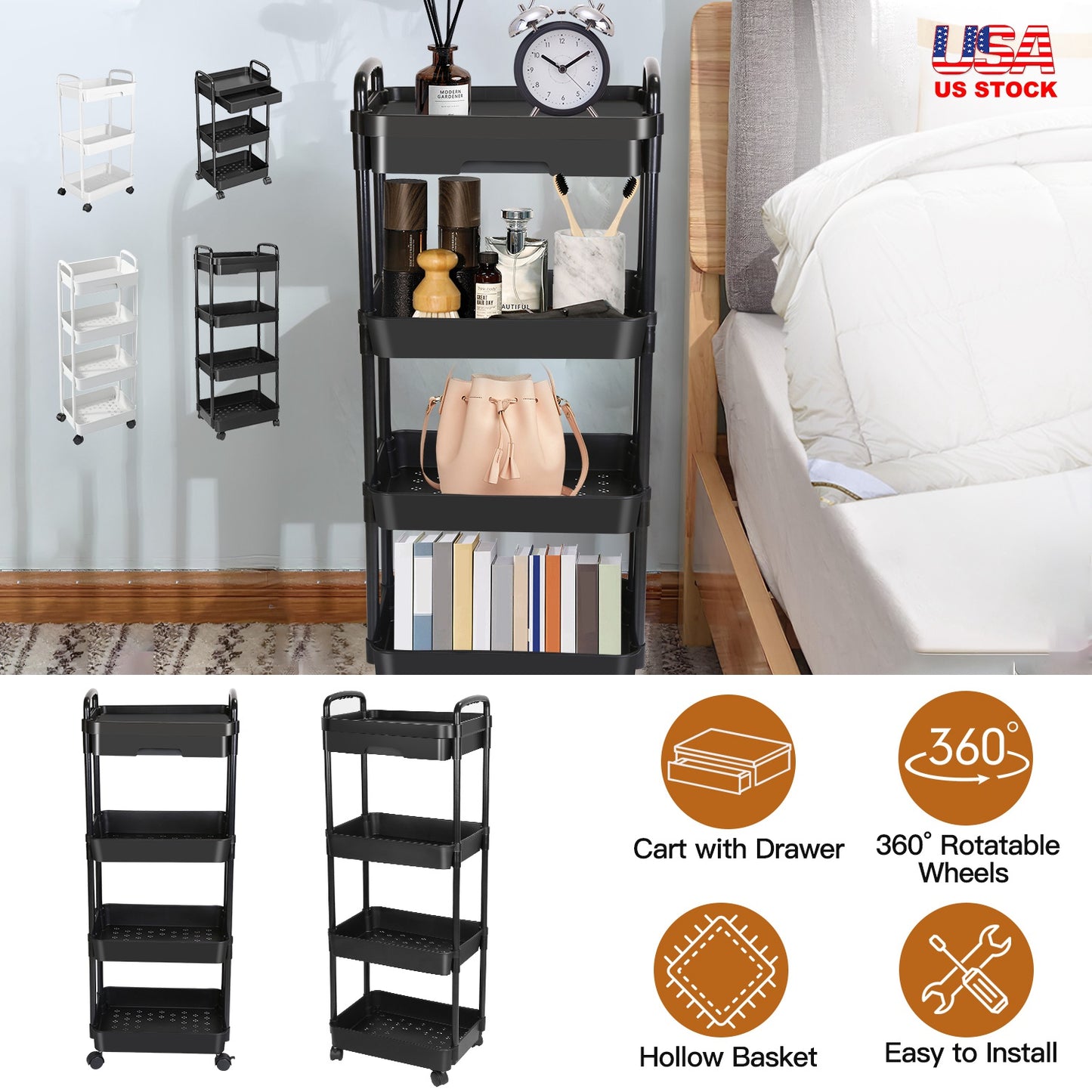 3-Tier Rolling Utility Cart with Drawer and Lockable Wheels