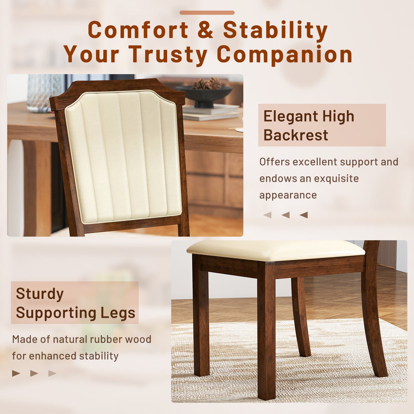 Dining Chairs Set of 2 with PU Leather and Rubber Wood Frame