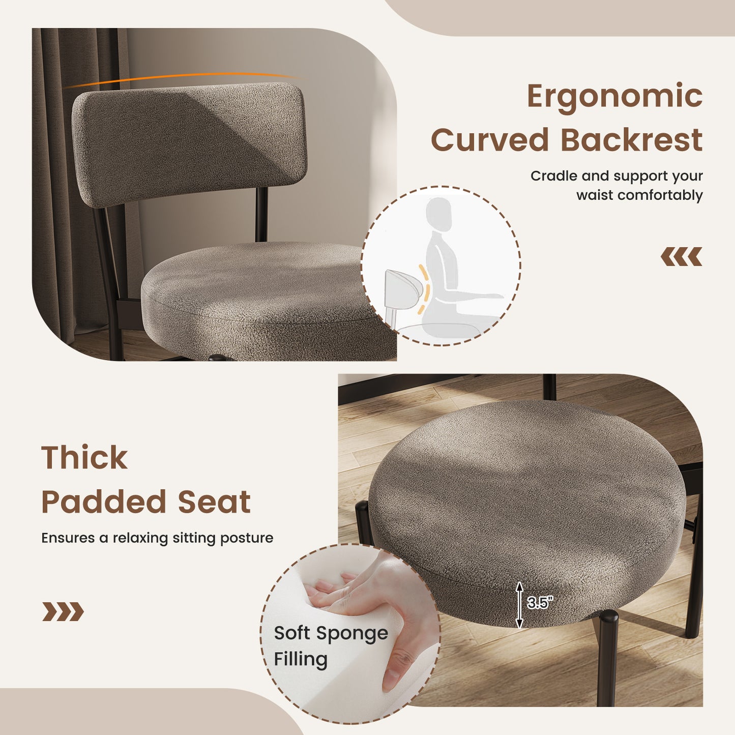 Padded Dining Chairs Set of 2 with Curved Backrest