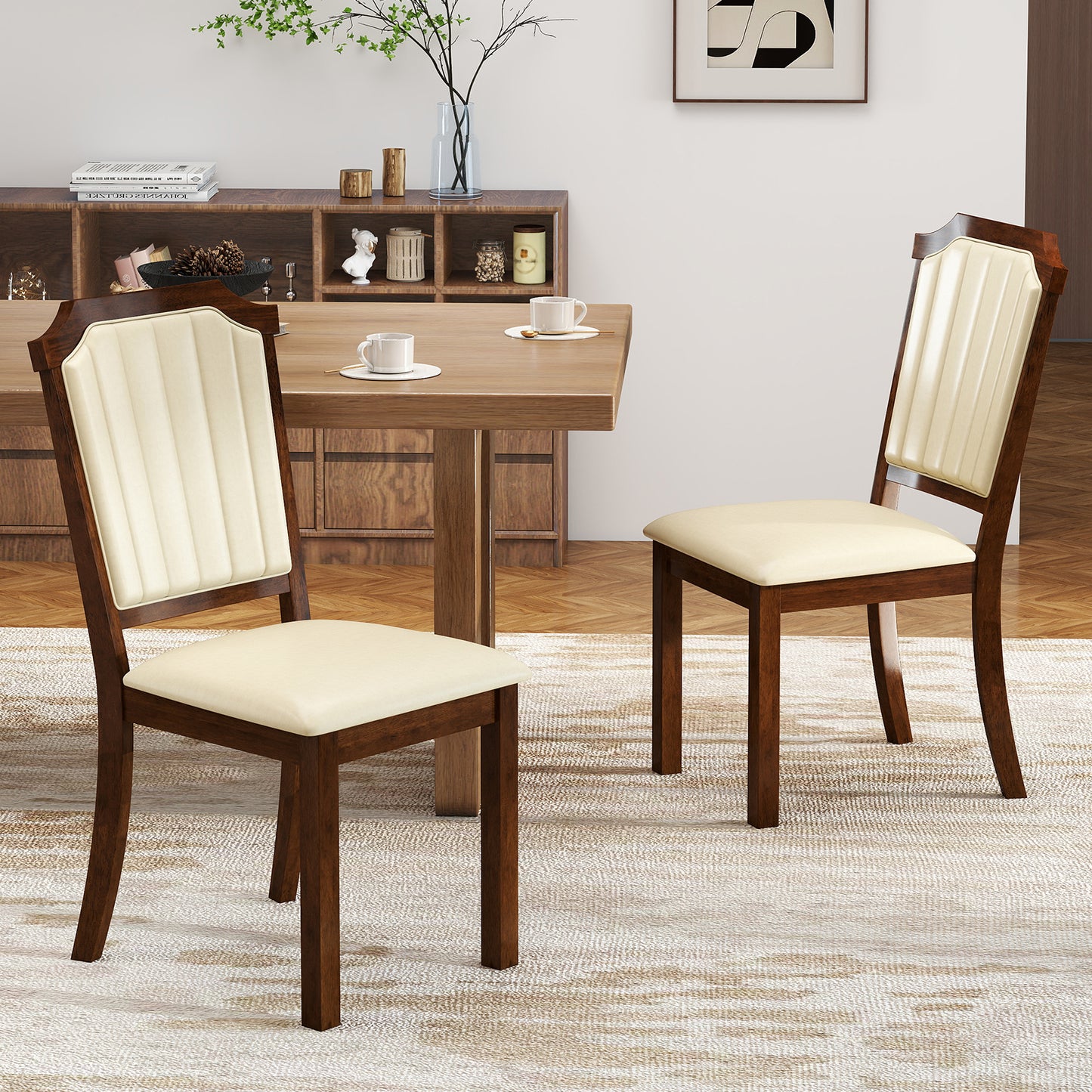 Dining Chairs Set of 2 with PU Leather and Rubber Wood Frame