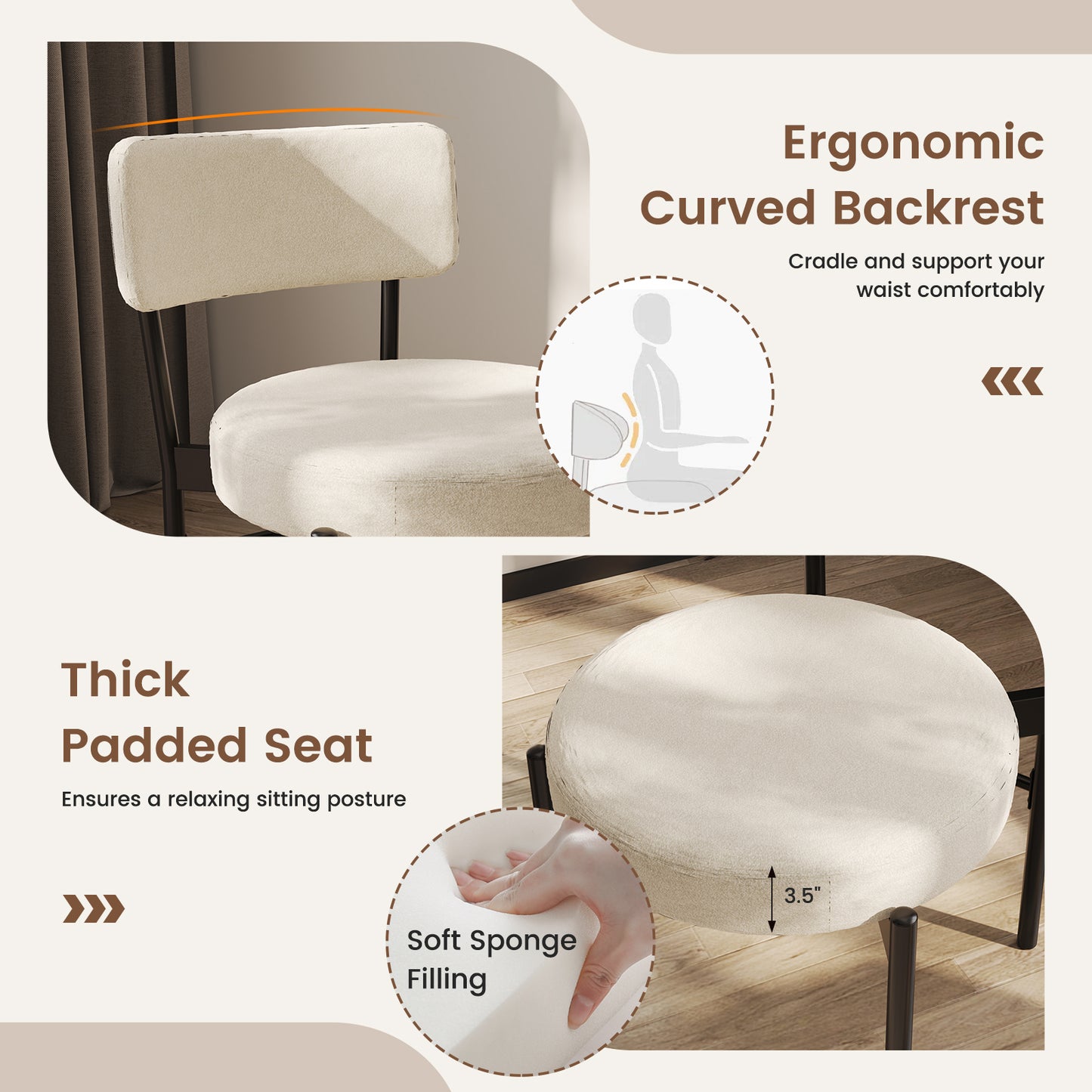 Padded Dining Chairs Set of 2 with Curved Backrest