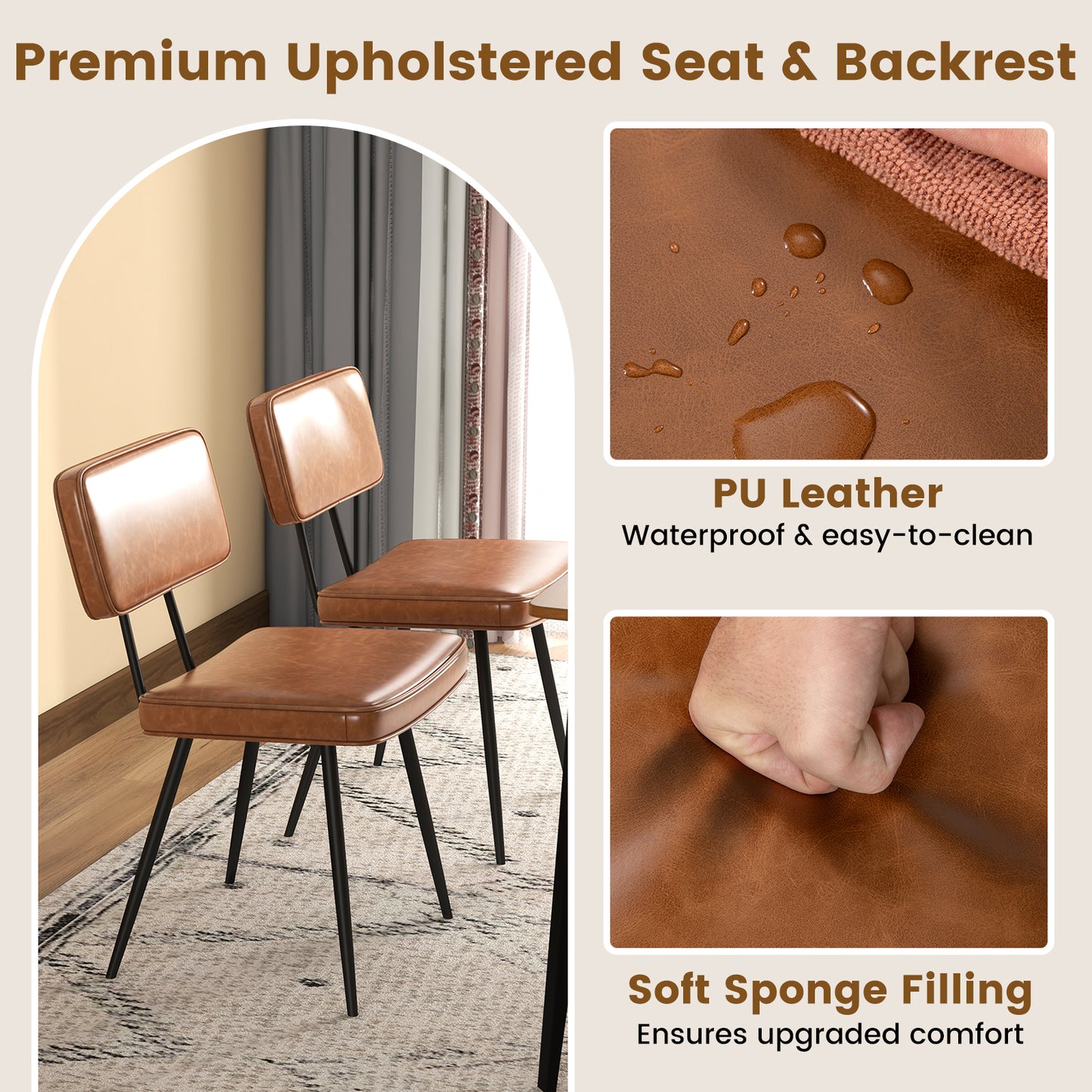 Padded Dining Chairs Set of 2 with PU Leather Upholstery