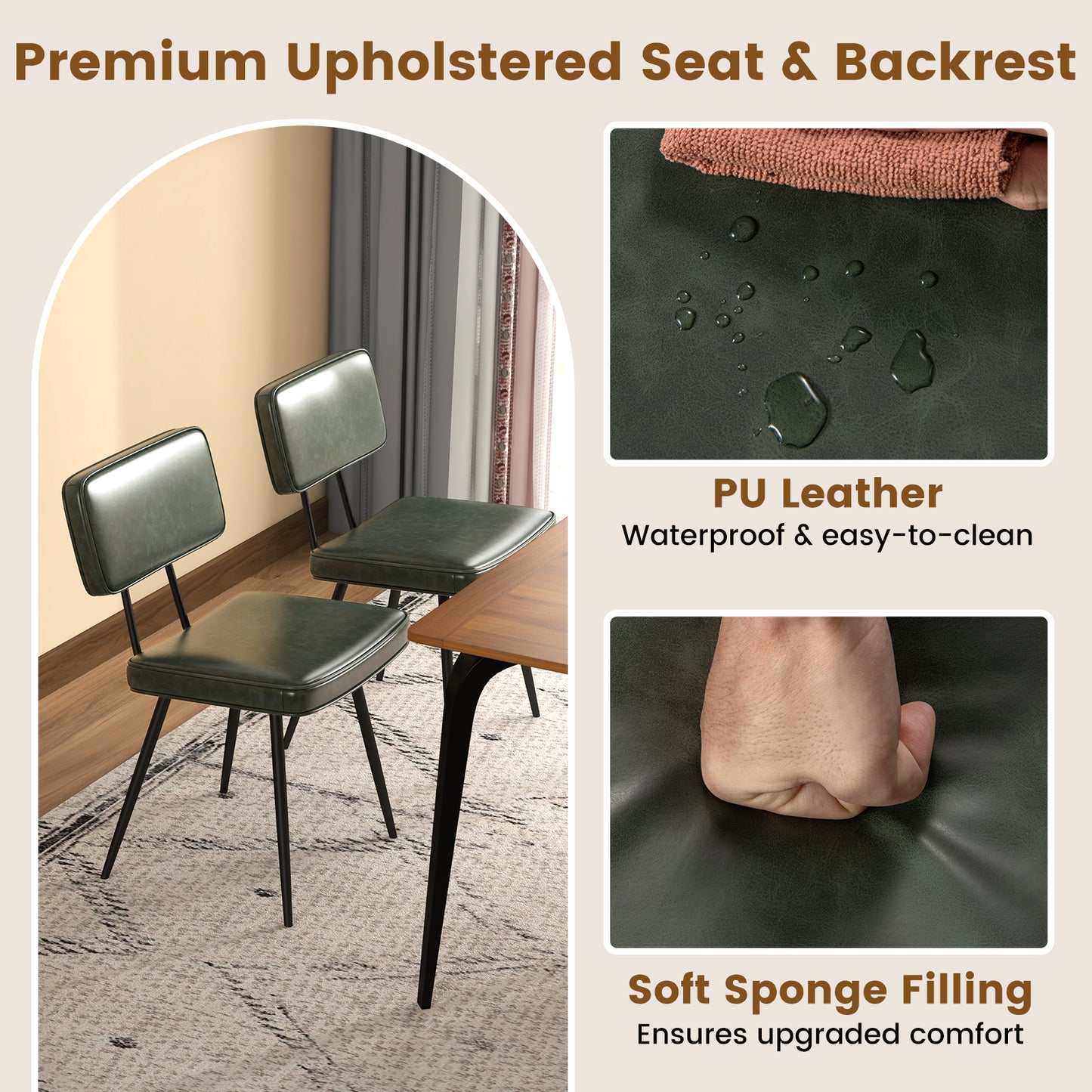 Padded Dining Chairs Set of 2 with PU Leather Upholstery