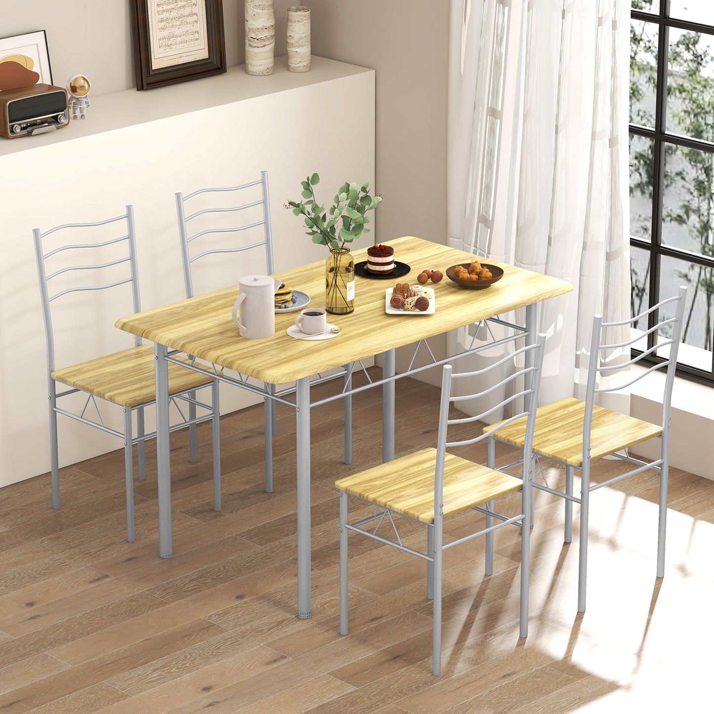 5-Piece Dining Table Set with 4 Chairs, Wood and Metal