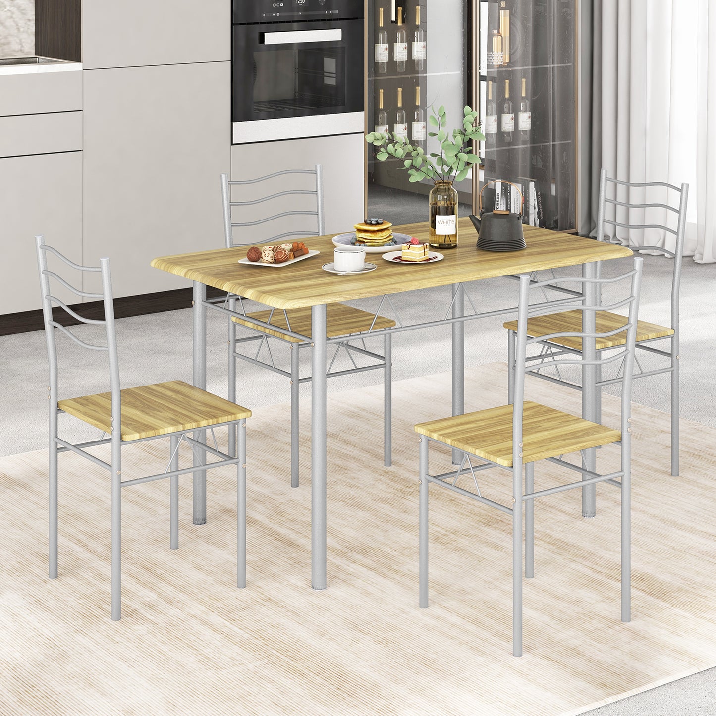 5-Piece Dining Table Set with 4 Chairs, Wood and Metal