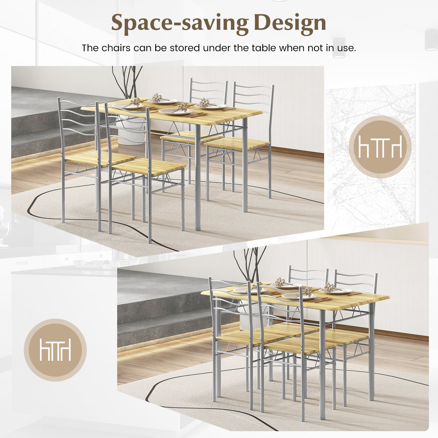 5-Piece Dining Table Set with 4 Chairs, Wood and Metal