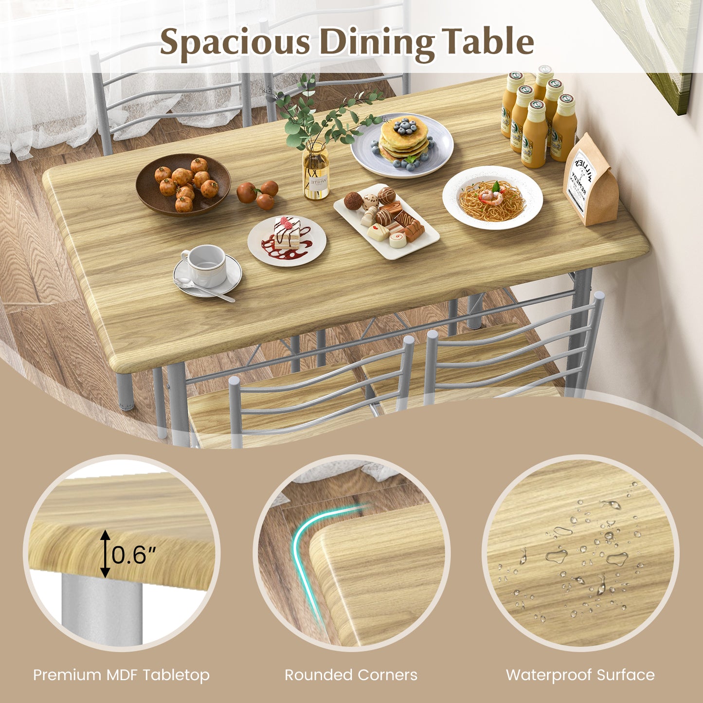 5-Piece Dining Table Set with 4 Chairs, Wood and Metal