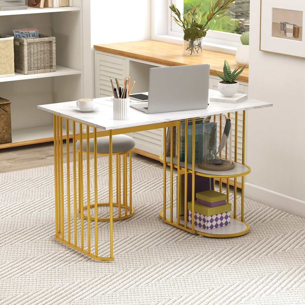 Rectangular Dining Table for 2 with 2-tier Storage Shelf for Small Space Dining Room-White