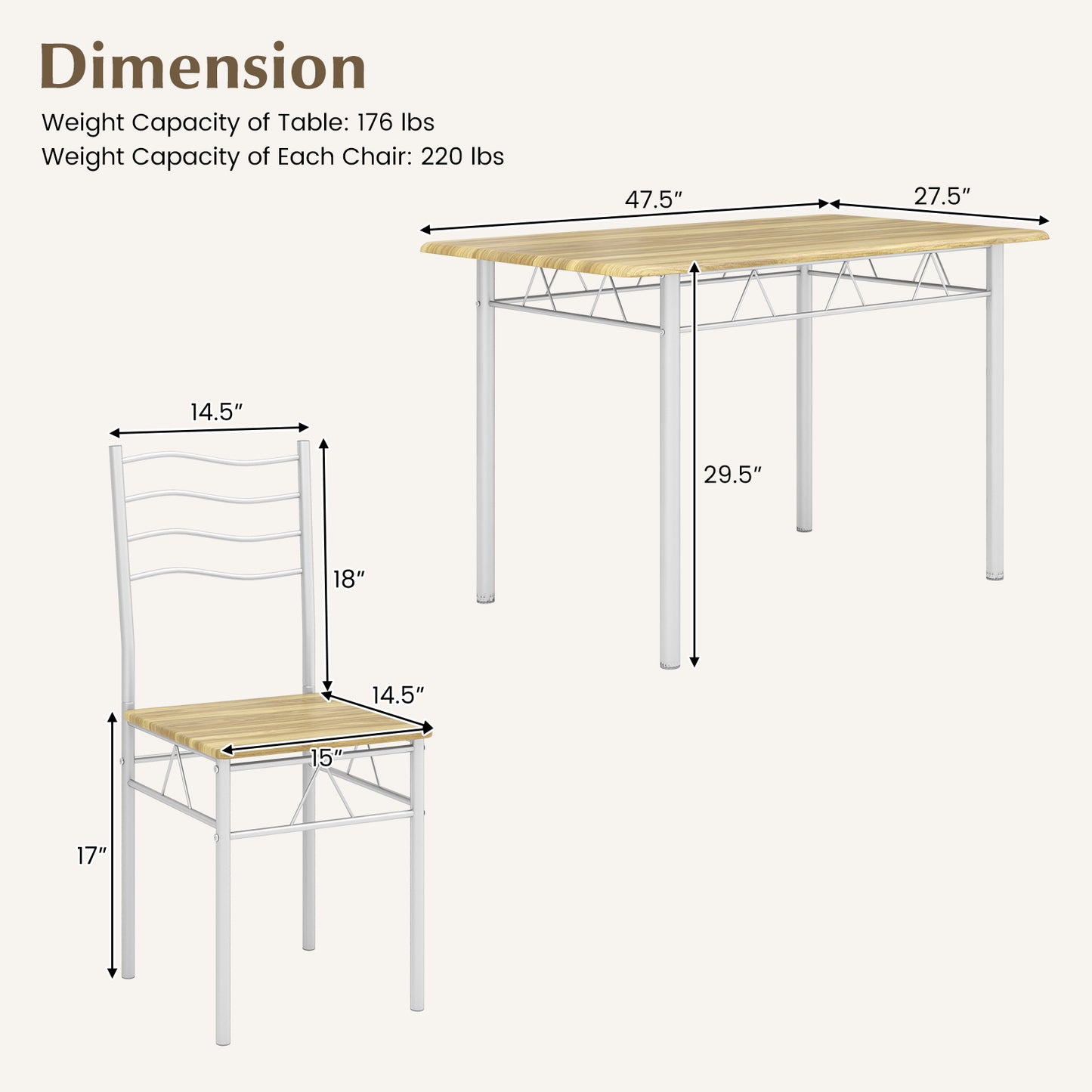 5-Piece Dining Table Set with 4 Chairs, Wood and Metal