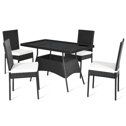 5-Piece Rattan Patio Dining Set with Glass Top & Cushions