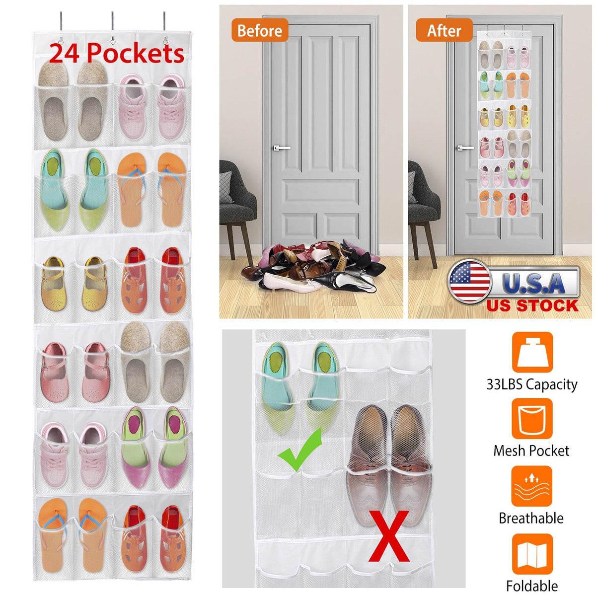 Over the Door Shoes Rack 24-Pocket Crystal Clear Organizer 6-Layer Hanging Storage Shelf for Shoes Slippers Small Toys Closet Cabinet