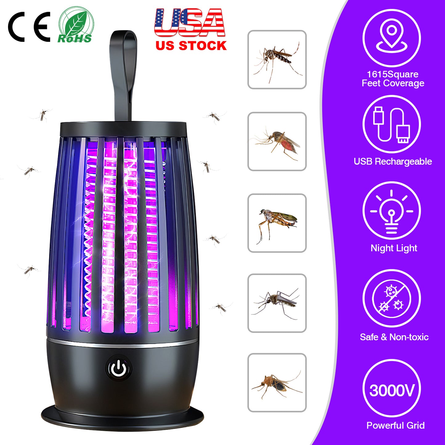 Rechargeable Bug Zapper with UV Light & Night Light