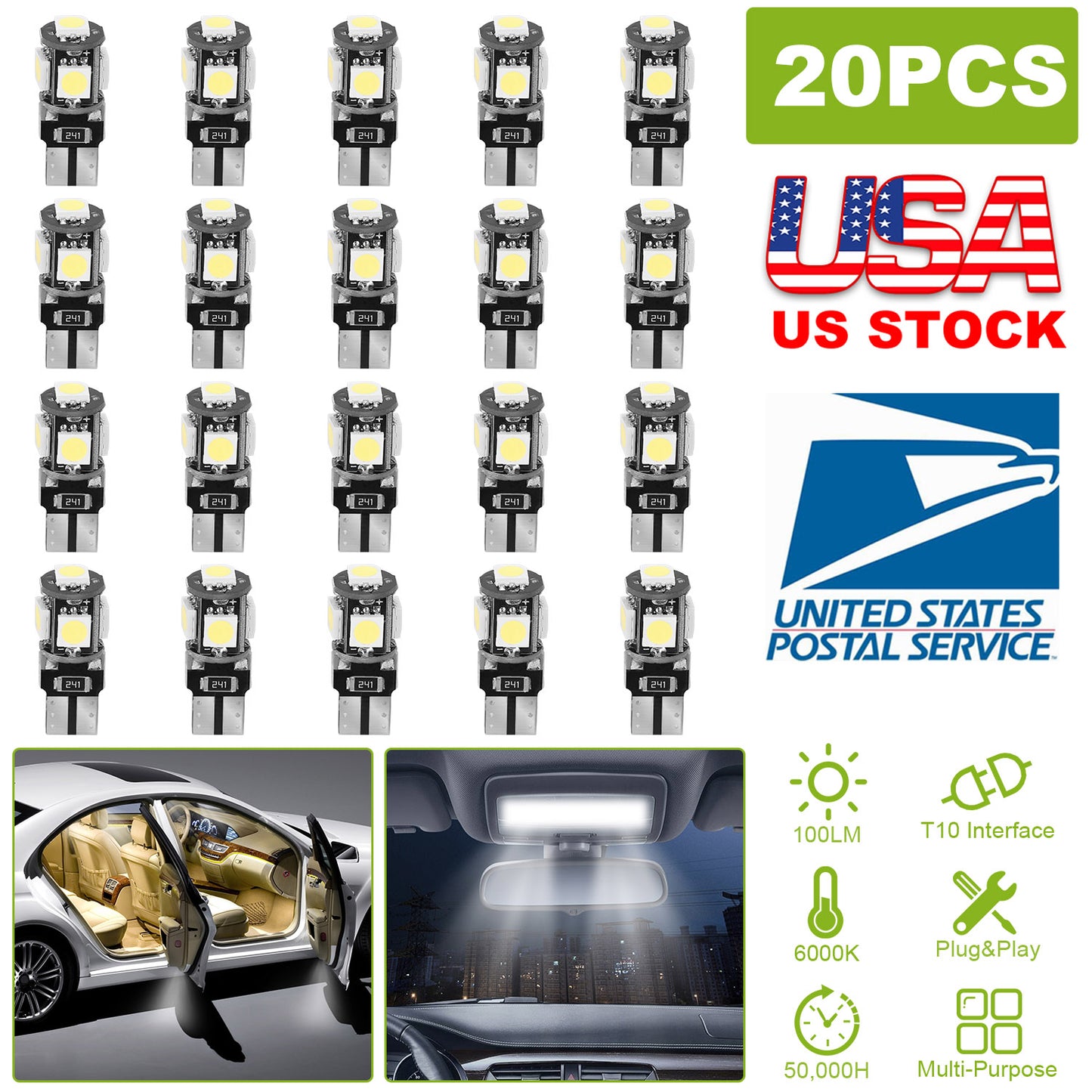 T10 LED Light Bulbs 20-Pack 6000K White Car Interior Lights