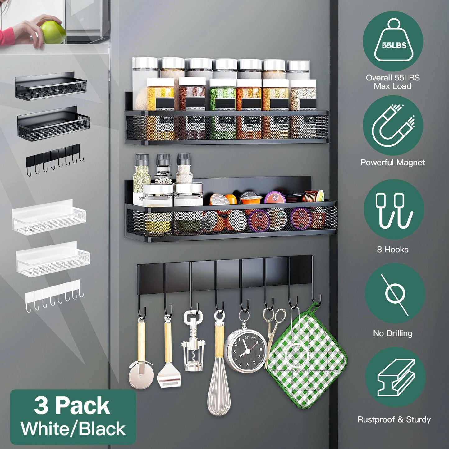 Magnetic Spice Rack 3-Pack with Hooks for Fridge Storage
