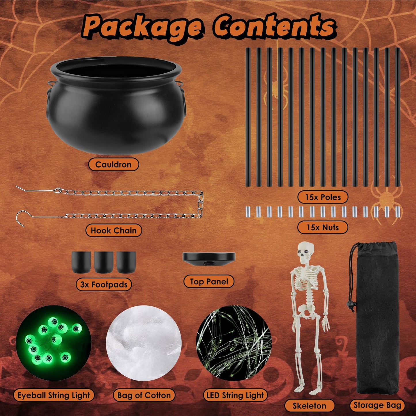 Halloween Witch Cauldron with 56" Tripod & LED String Lights