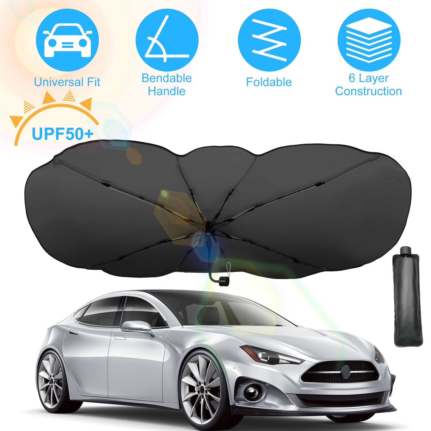 Foldable Car Windshield Sun Umbrella 57x33" UPF50+ Silver