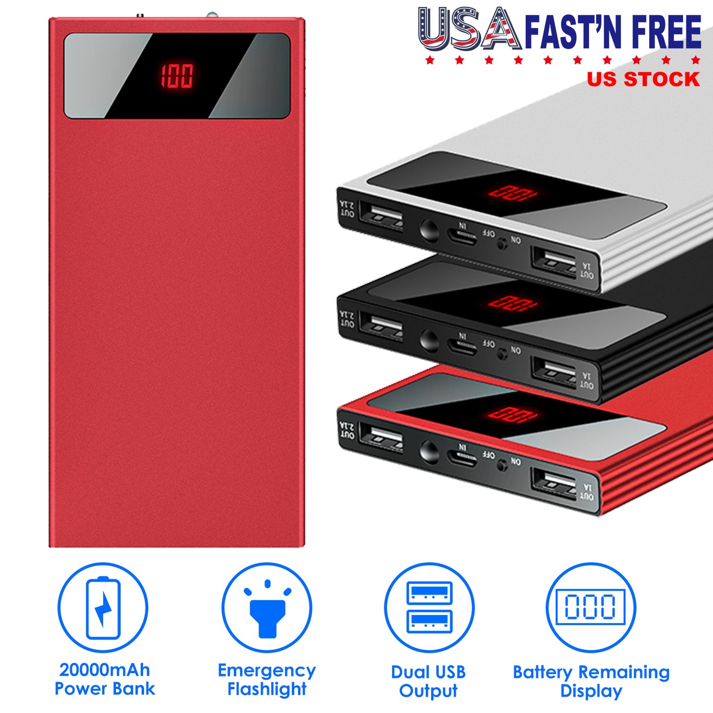 20000mAh Power Bank with Dual USB Ports and LED Flashlight