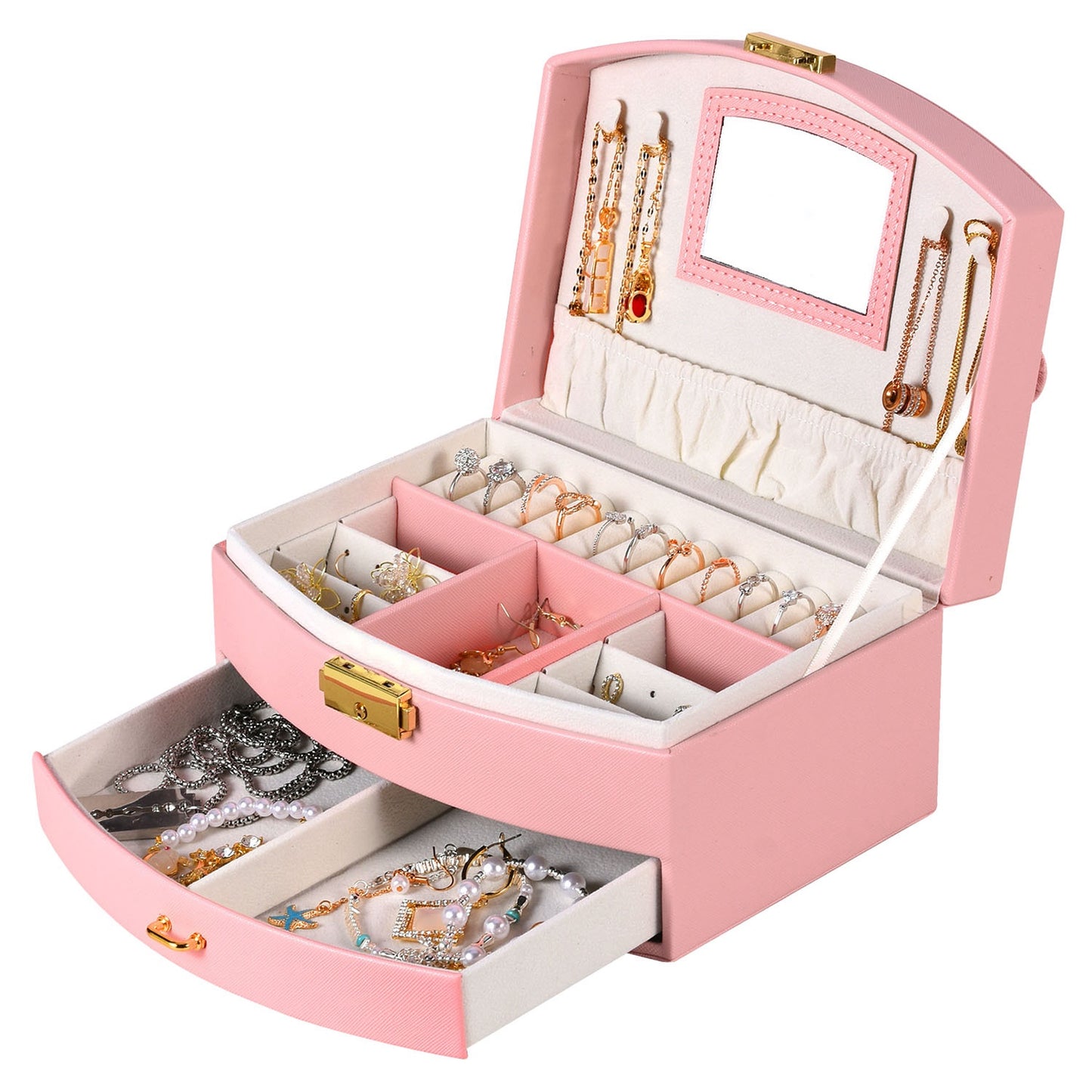 2-Layer Lockable Jewelry Box with Travel Handle & Mirror