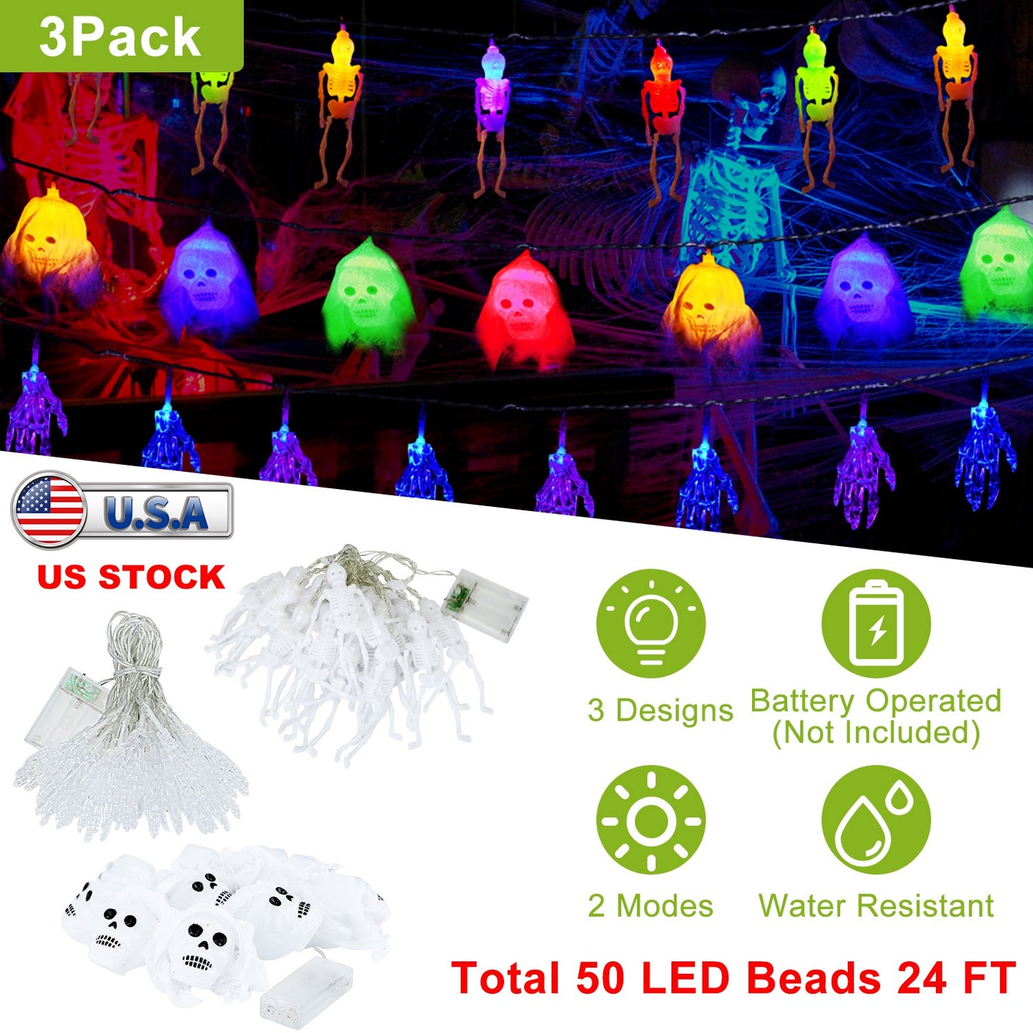 Halloween String Lights Set - 50 LED 24ft 3-Pack Decorations