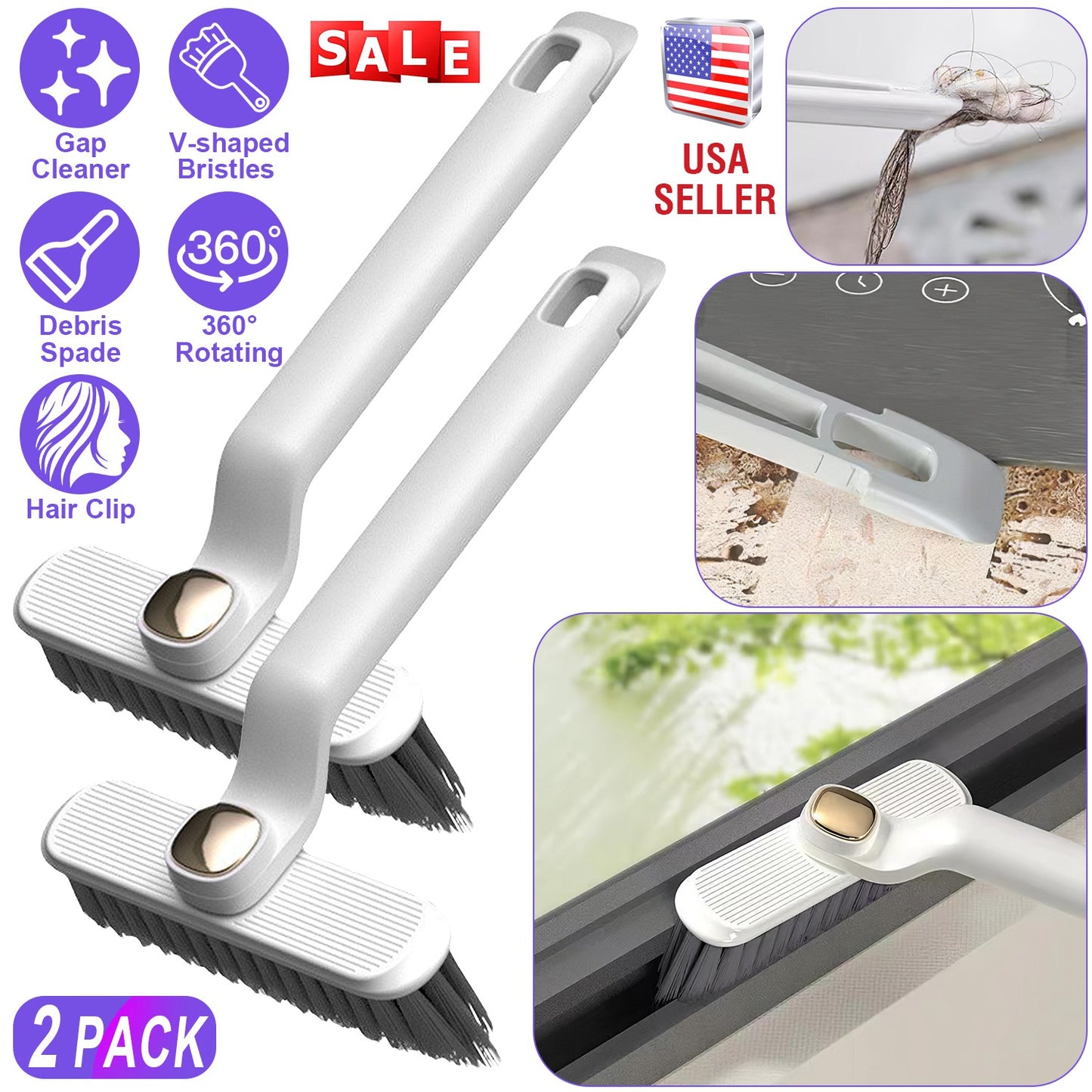 Rotating Crevice Cleaning Brush Set with Hair Clip Tool