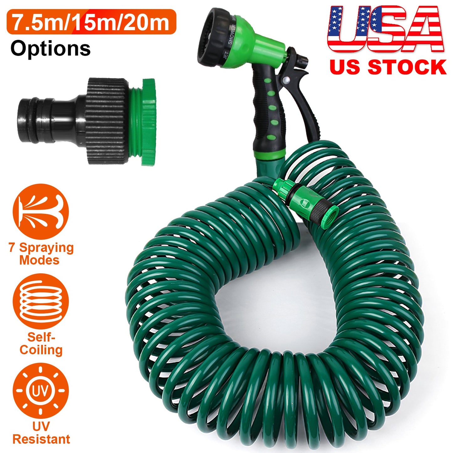Self-Coiling Garden Hose with 7-Mode Sprayer - 49.2ft