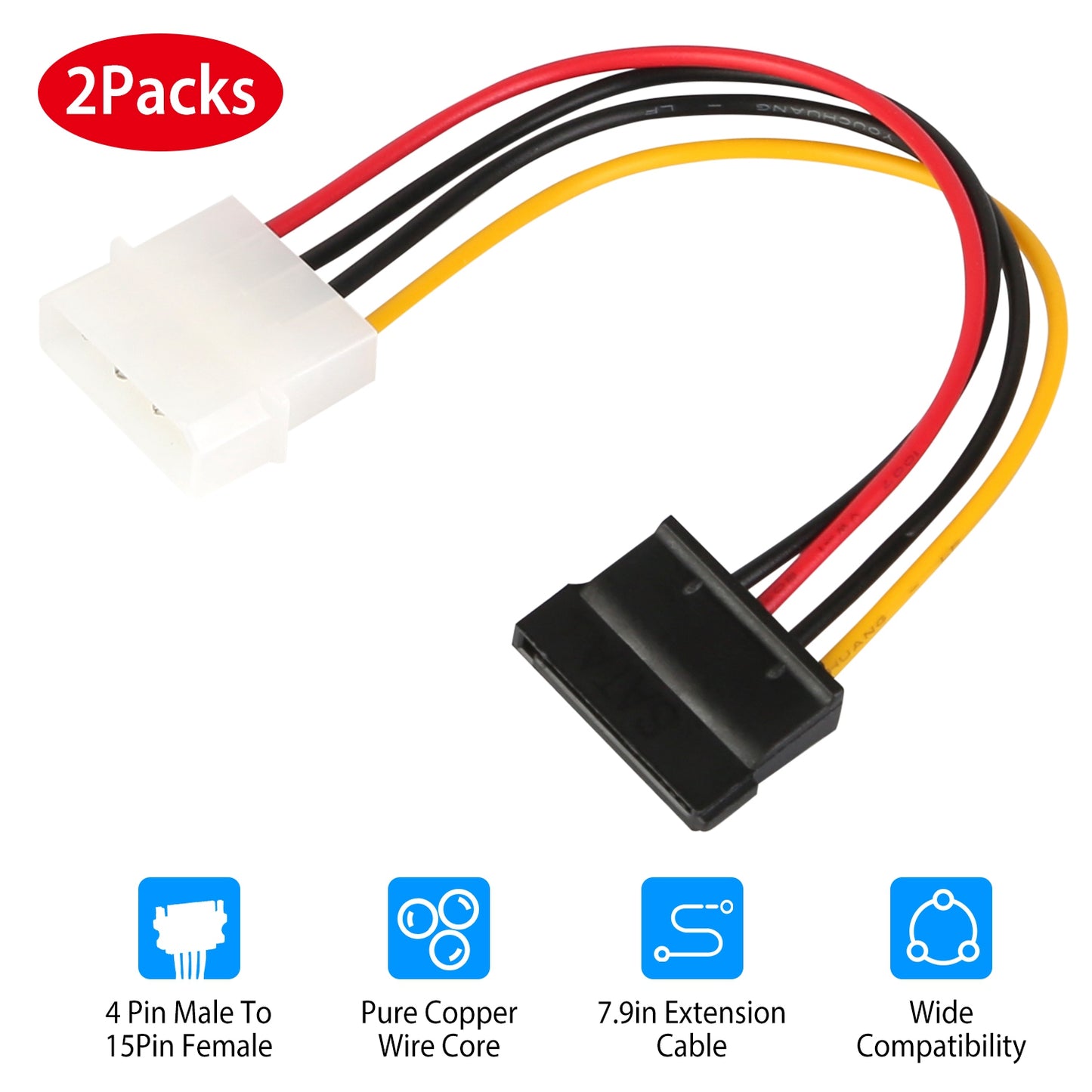 4-Pin to 15-Pin SATA Power Adapter Cable - 2 Pack