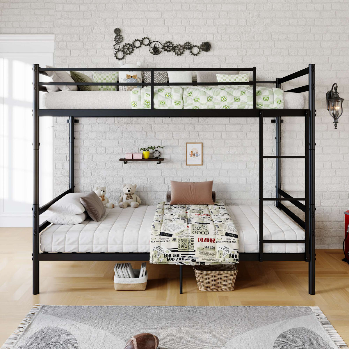 Twin Over Twin Metal Bunk Bed with Ladder and Guardrails