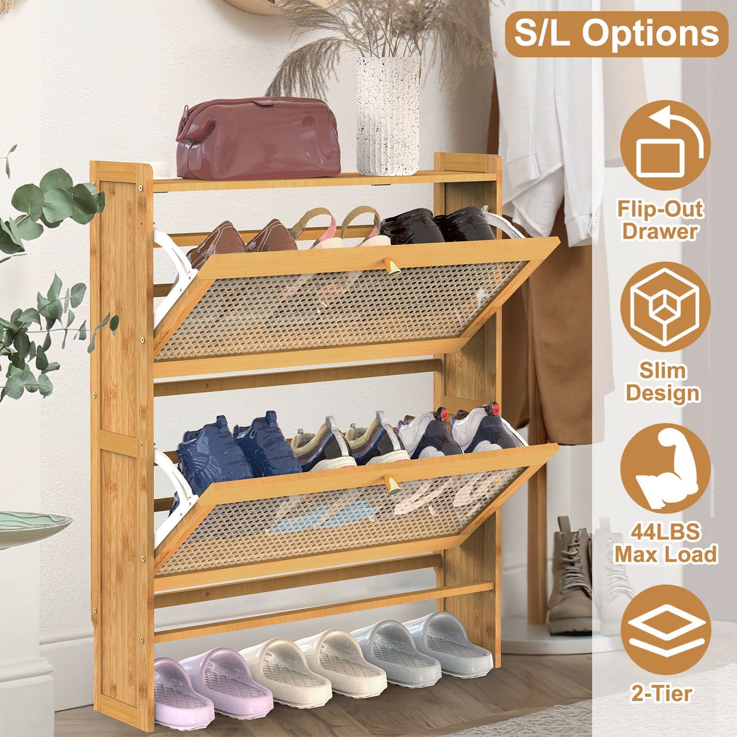 2-Tier Bamboo Shoe Cabinet with Flip Drawers for Entryway