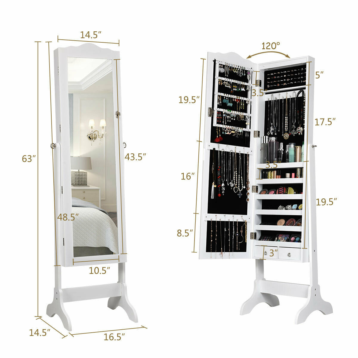 Jewelry Armoire Cabinet with Full Length Mirror and LED Lights