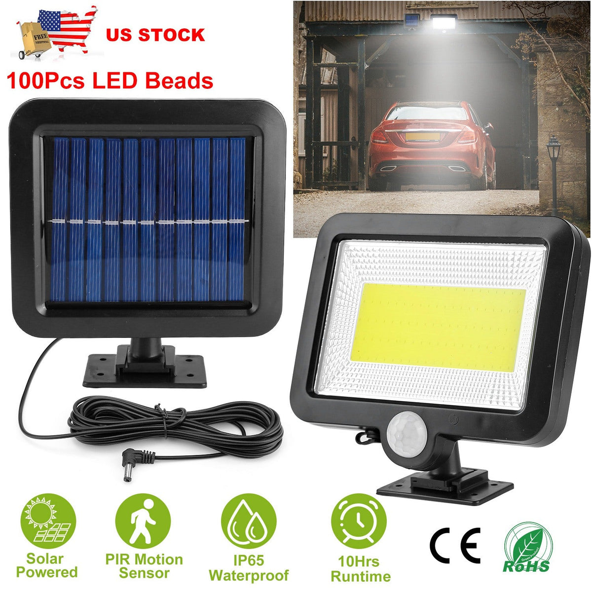 Solar Powered Wall Lights Outdoor 100 LED Beads Motion Sensor Lamp IP65 Waterproof Dusk To Dawn Sensor Light For Front Door Deck