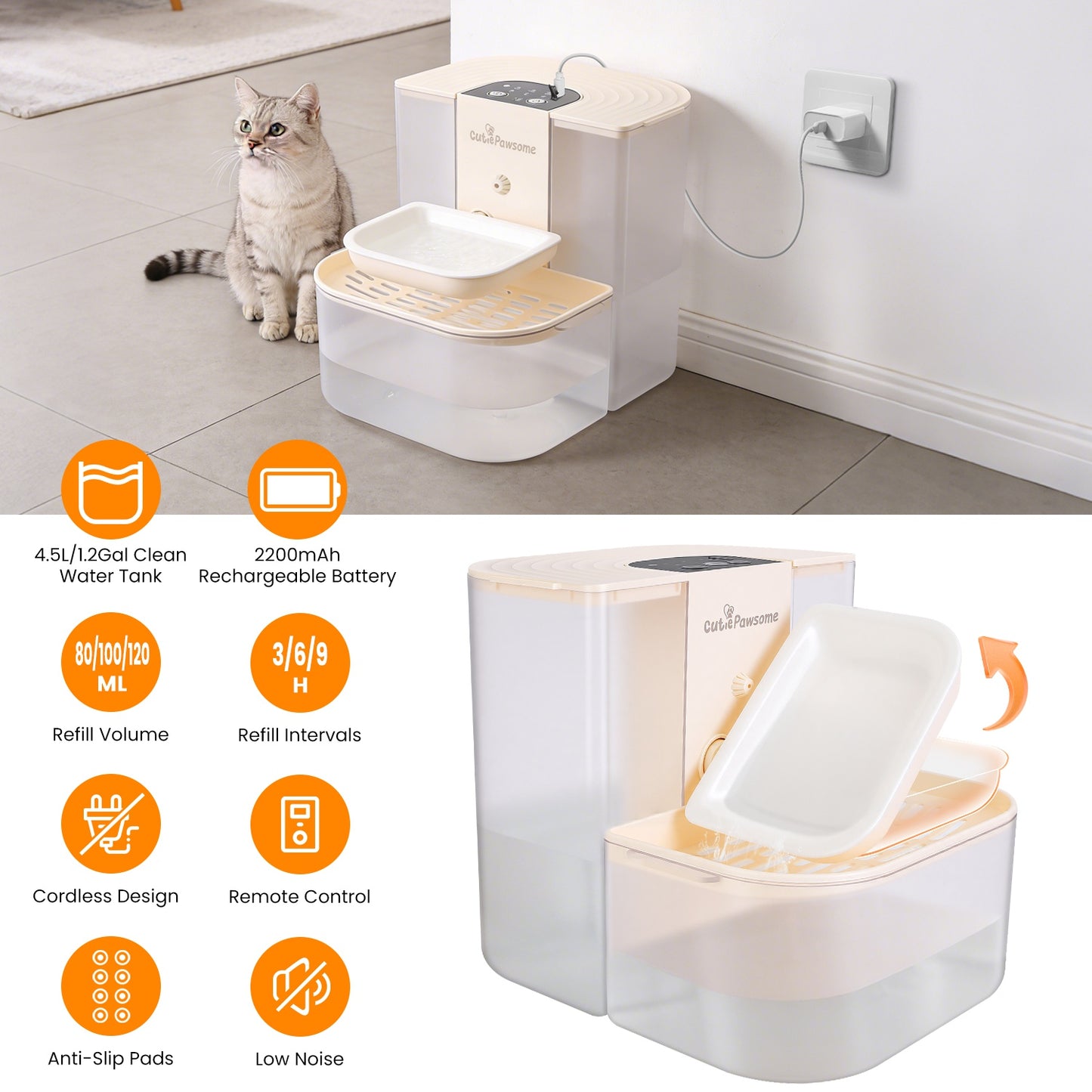 Automatic Pet Water Fountain 4.5L Cordless Rechargeable Dispenser