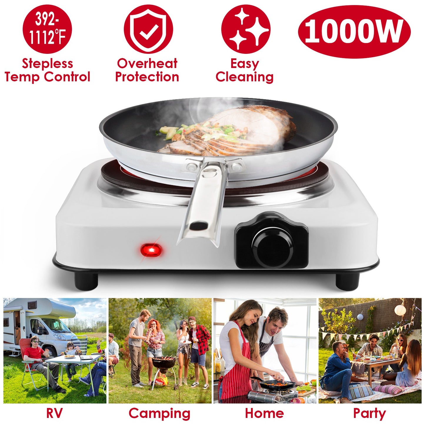 1000W Infrared Single Burner Hot Plate with Glass Cooktop