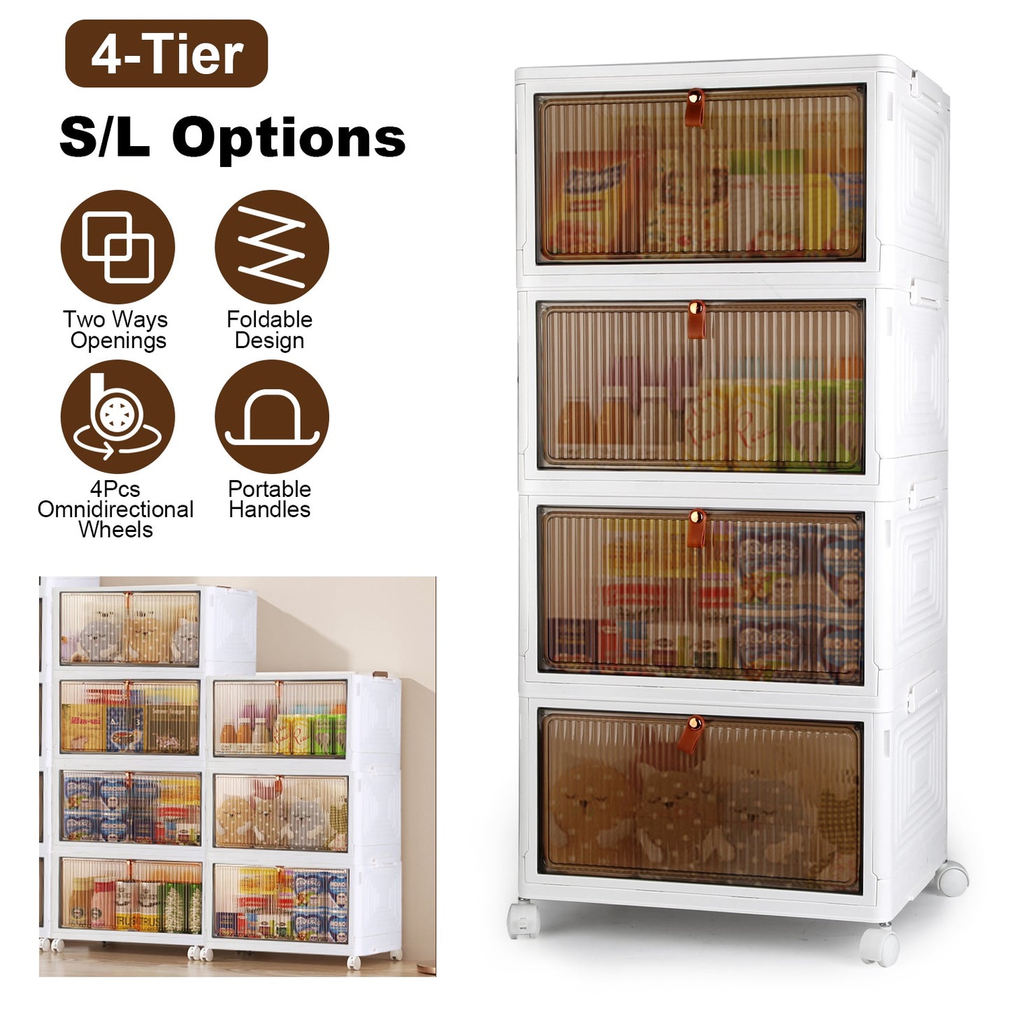 4-Tier Stackable Storage Bins with Wheels and Magnetic Door