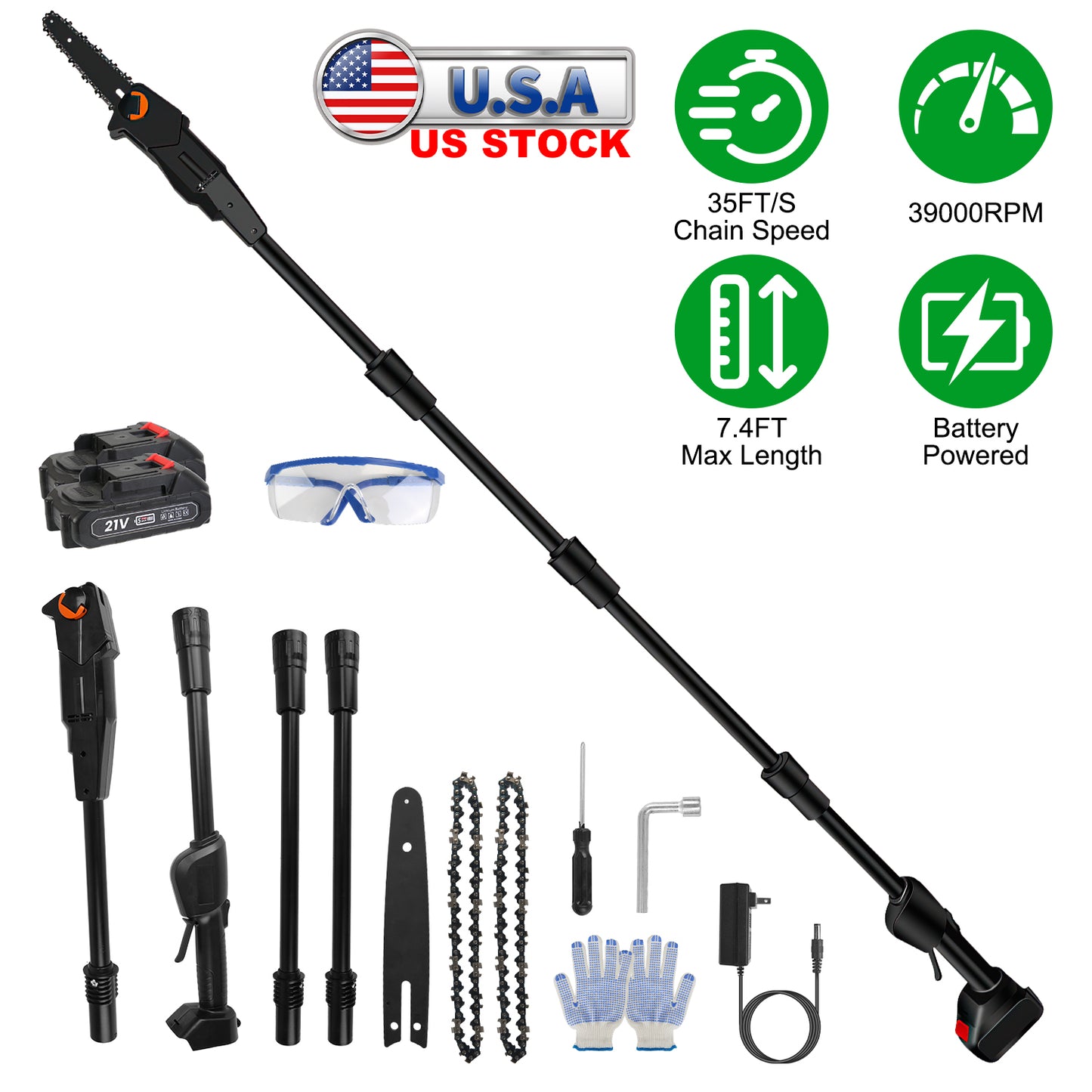 Cordless Pole Saw 6in Extendable 7.4ft with 2 Batteries