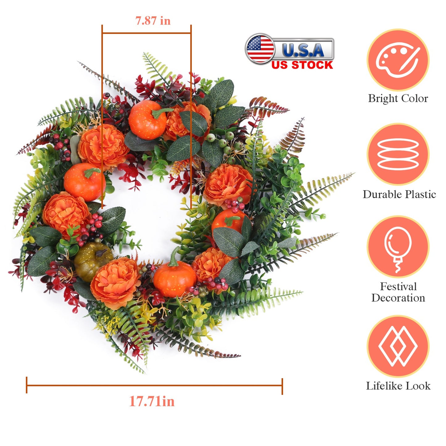 Autumn Wreath with Pumpkin and Mixed Leaves 17.71 Inch
