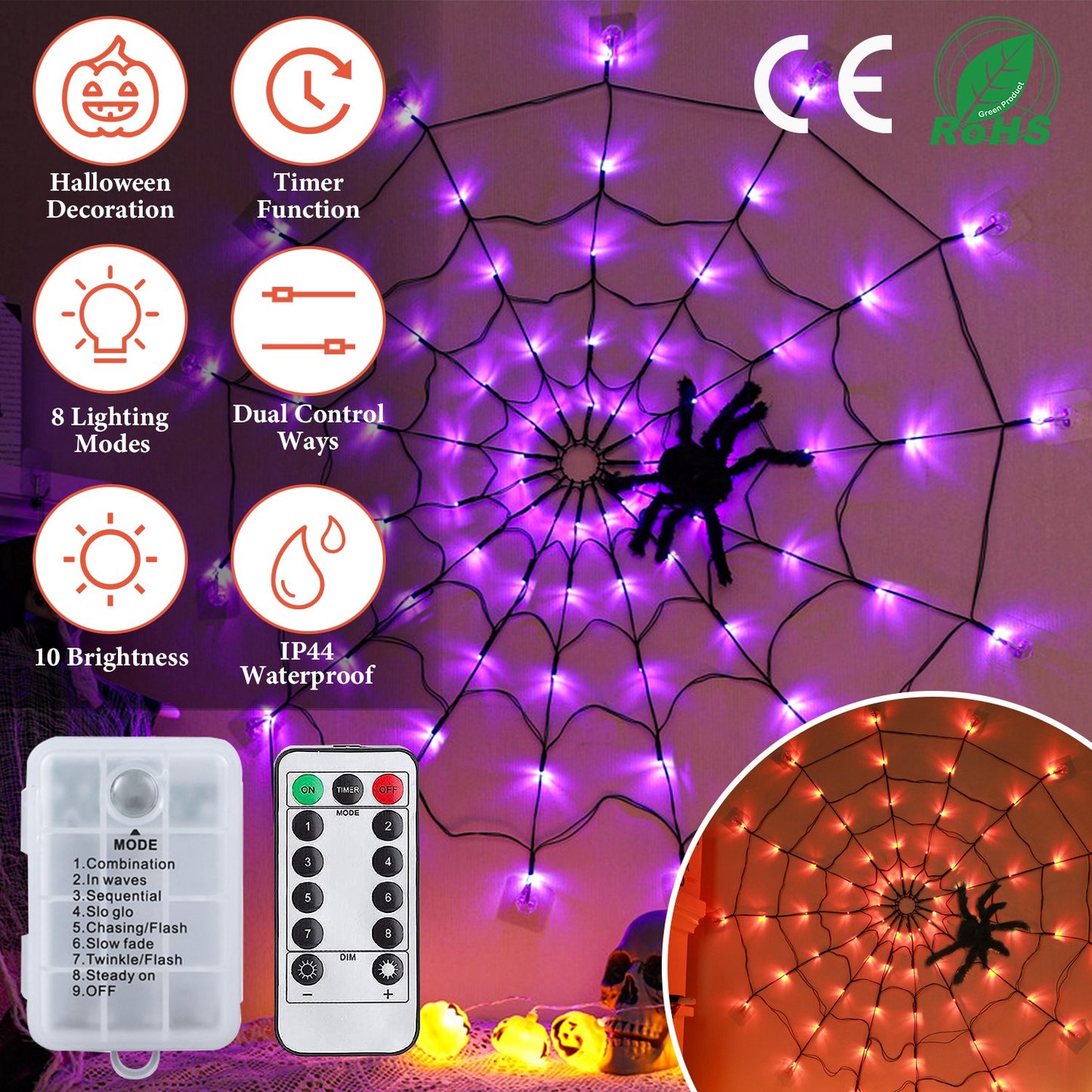 Spider Web Light with Hairy Spider - 70 LED Halloween Decoration