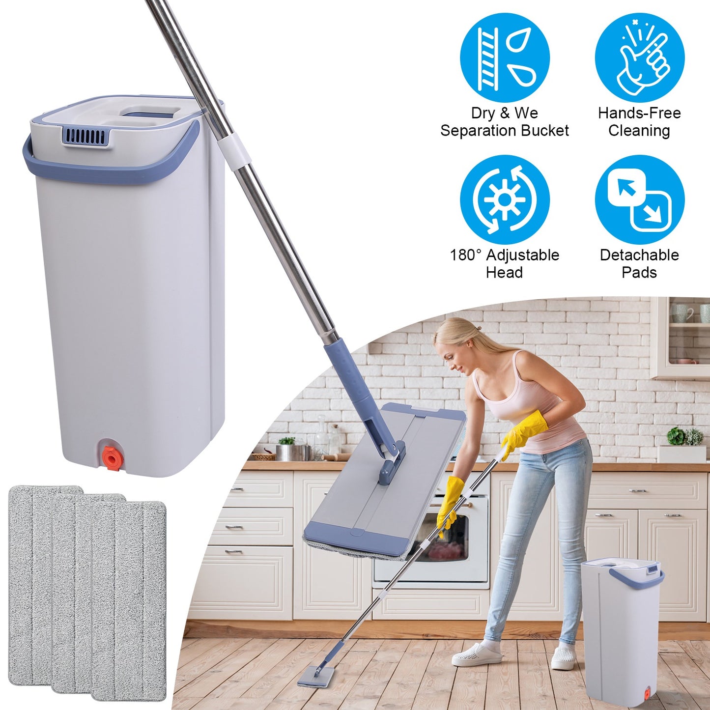 Flat Mop and Bucket Set with Wringer and 3 Microfiber Pads