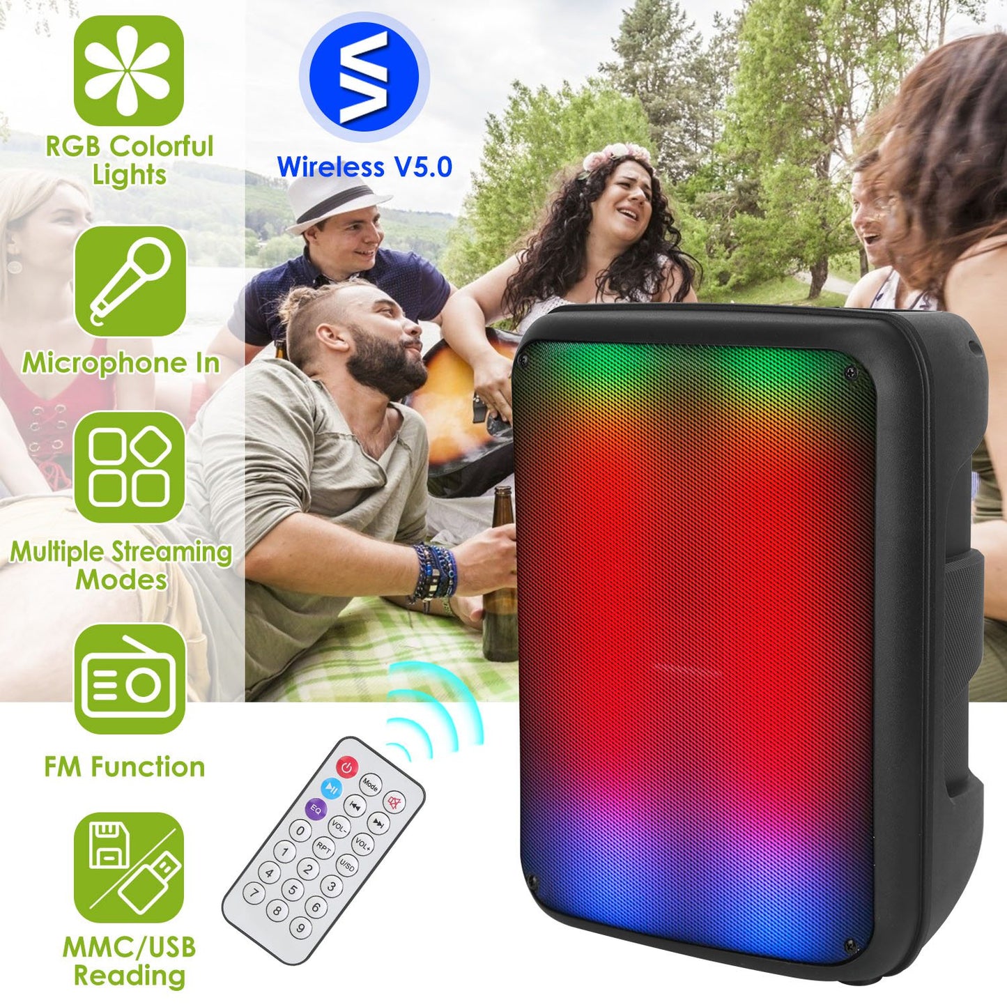 Portable Bluetooth Party Speaker 8" with RGB Lights & Karaoke