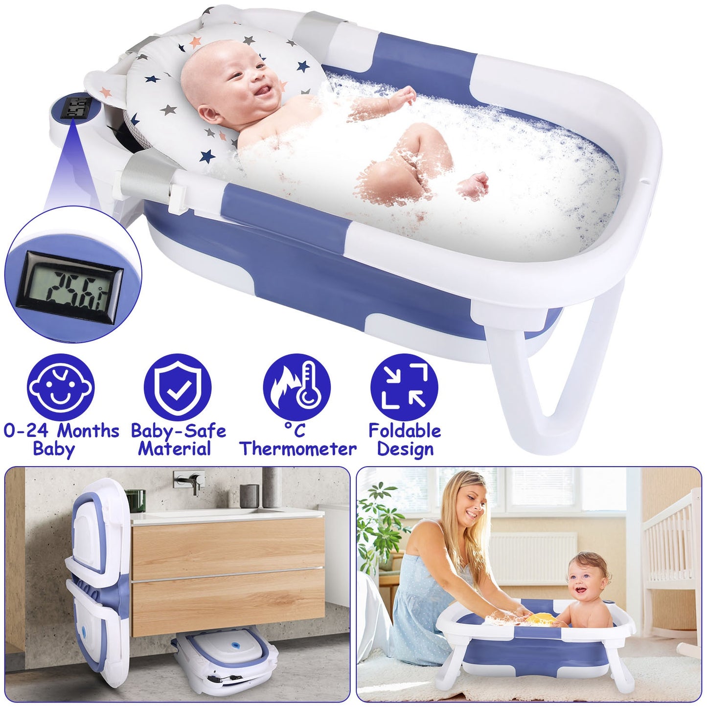 Collapsible Baby Bathtub with Thermometer for 0-24 Months
