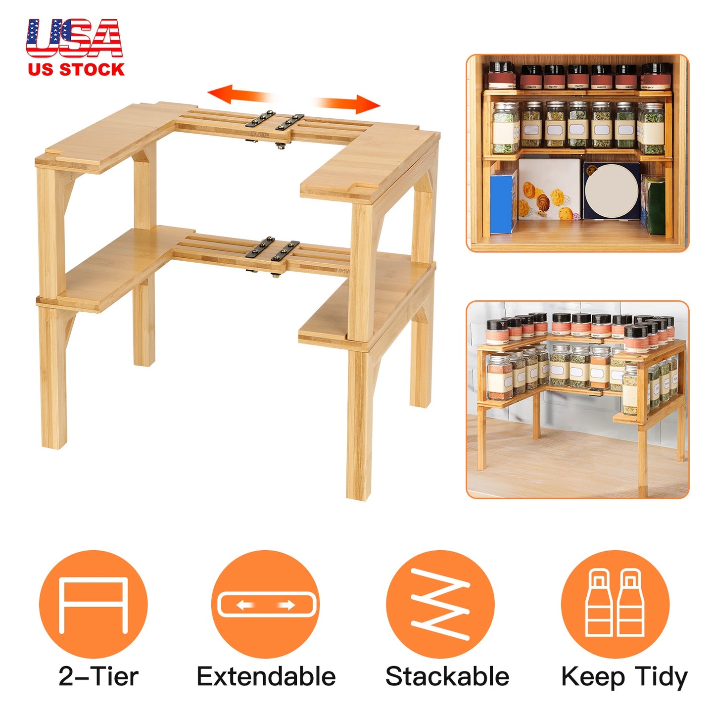 2-Tier Expandable Bamboo Spice Rack Organizer for Cabinet