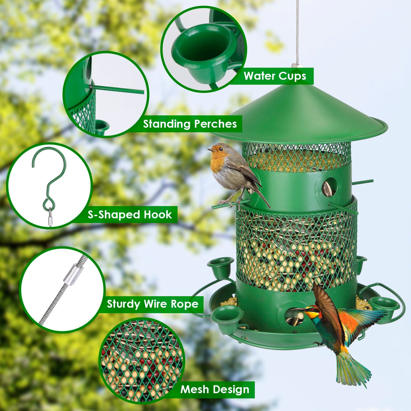 Squirrel-Proof Metal Bird Feeder with Water Cups & Perches