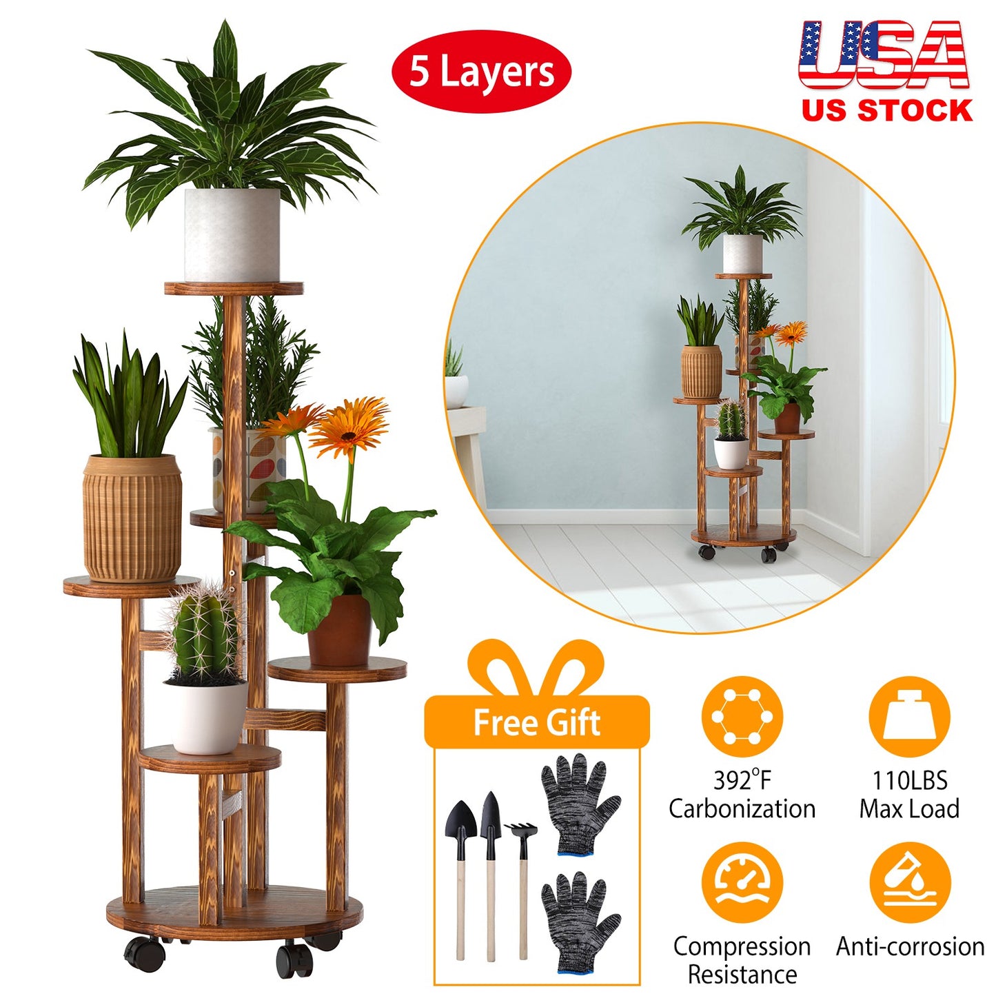 5 Tier Rolling Plant Stand with Wheels for Indoor Outdoor Use