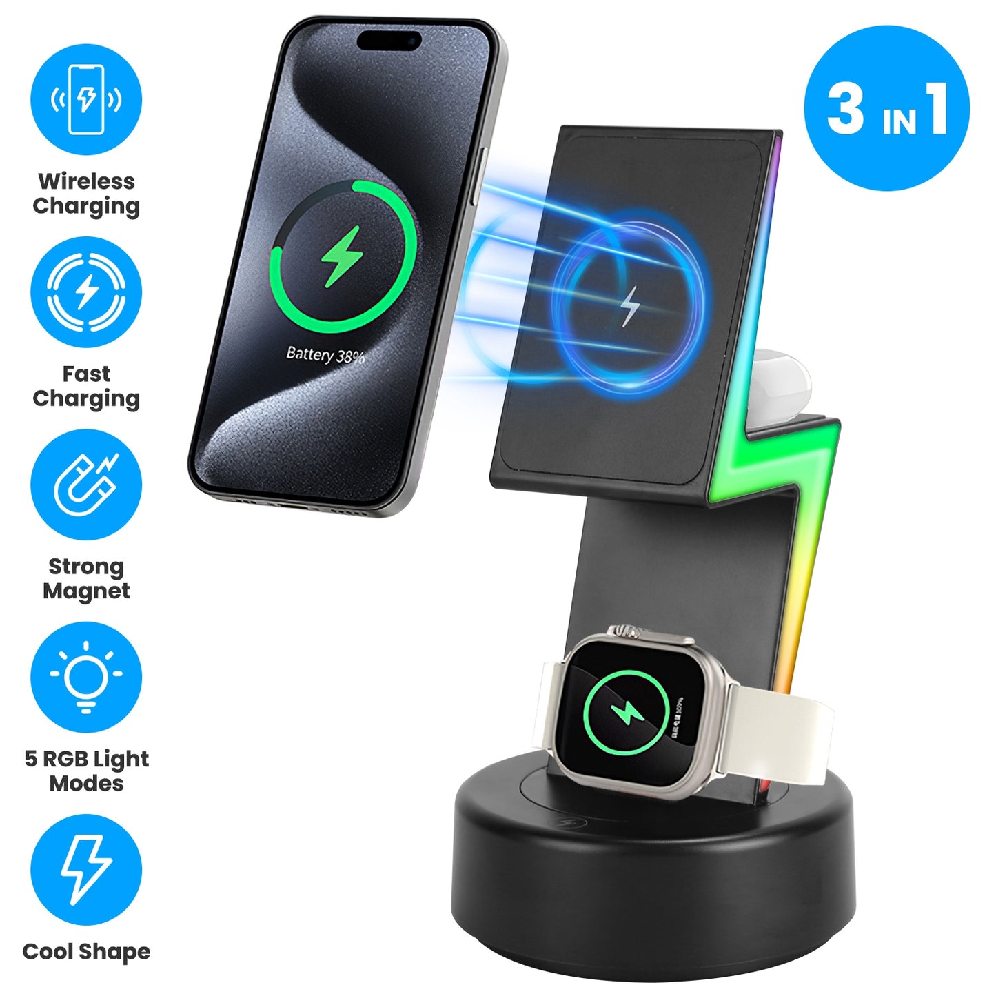 3-in-1 Magnetic Wireless Charging Station with RGB Lighting