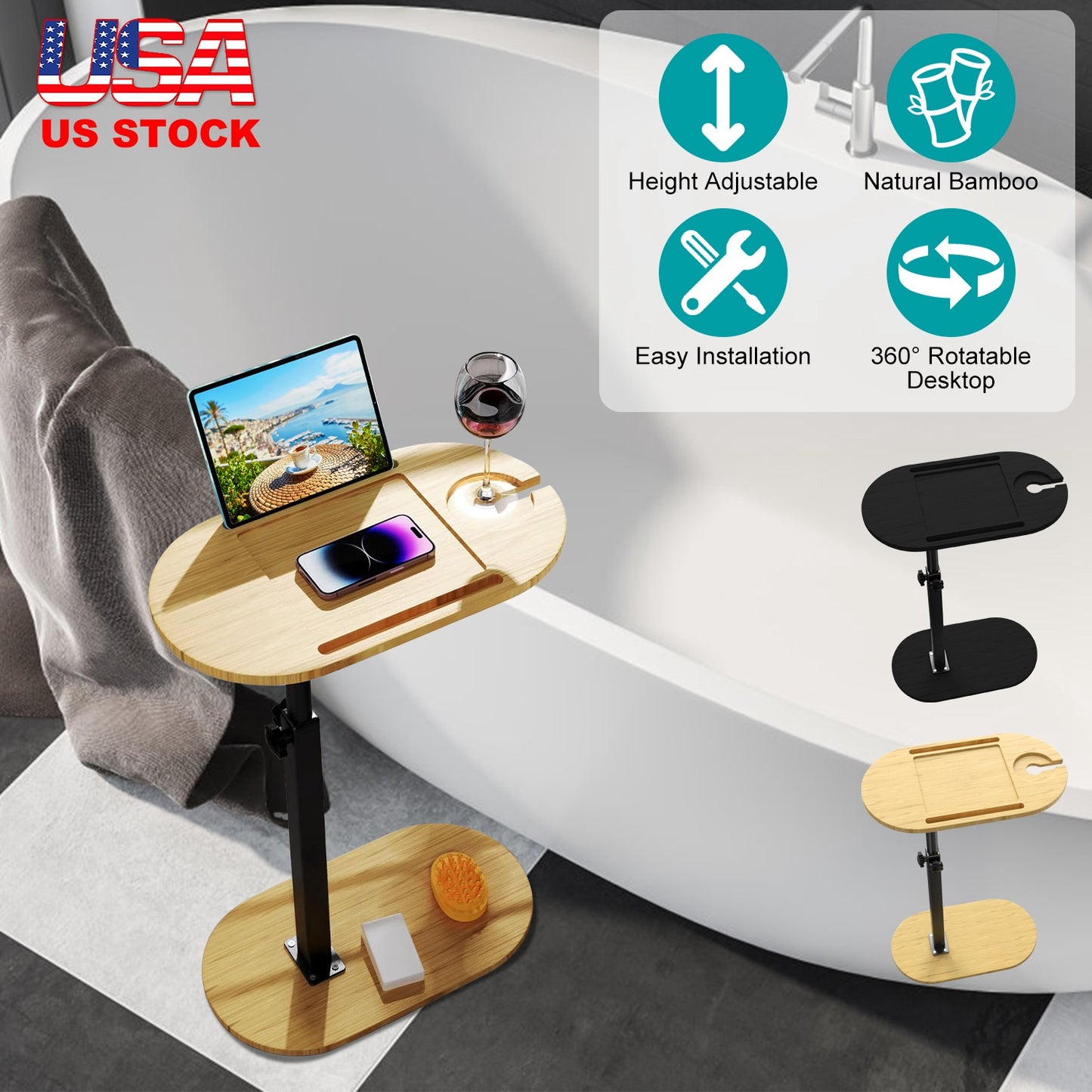 Adjustable C-Shaped Bathtub Tray Table with 360° Rotation