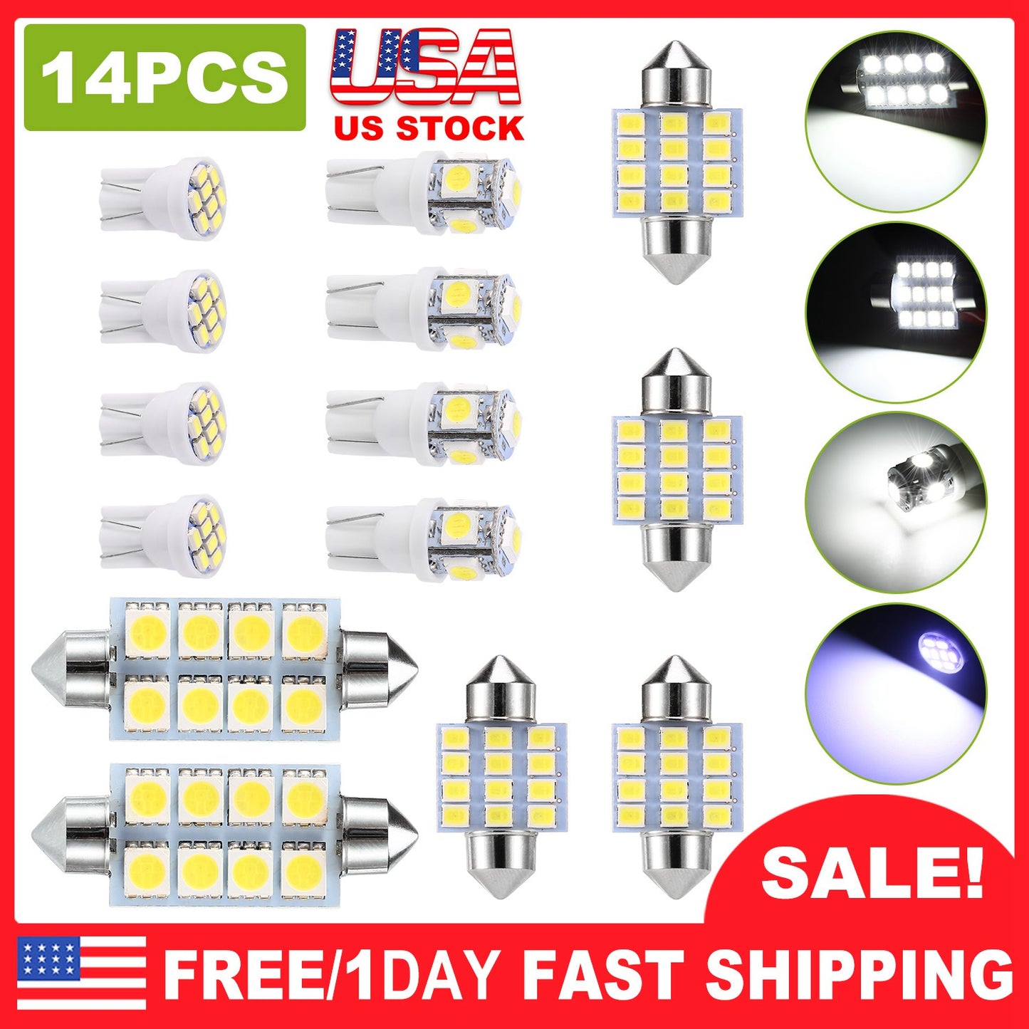 LED Interior Light Kit for Cars - 14 Piece Set, 6000K White