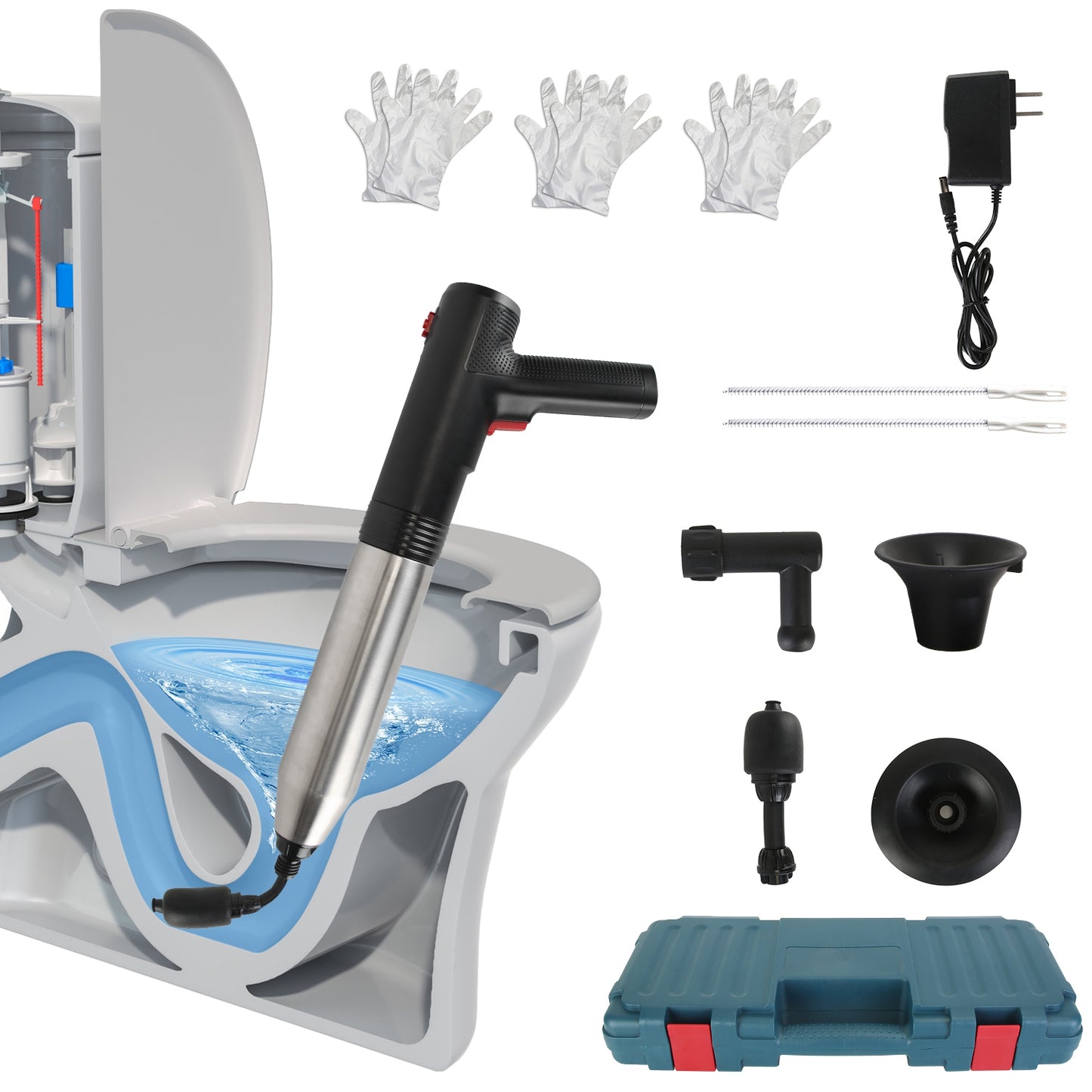 Electric Toilet Plunger with Pressure Display & Multiple Heads