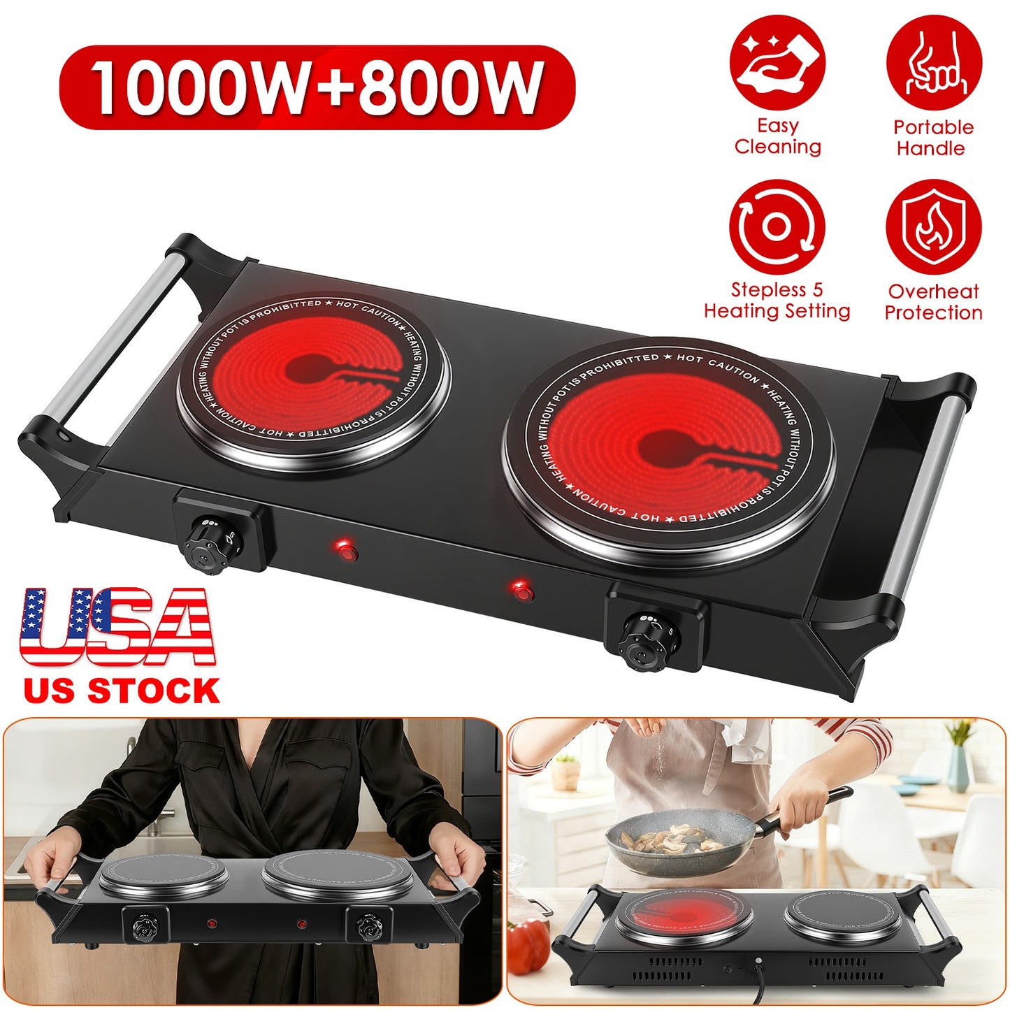 Electric Double Burner Hot Plate with Adjustable Temperature